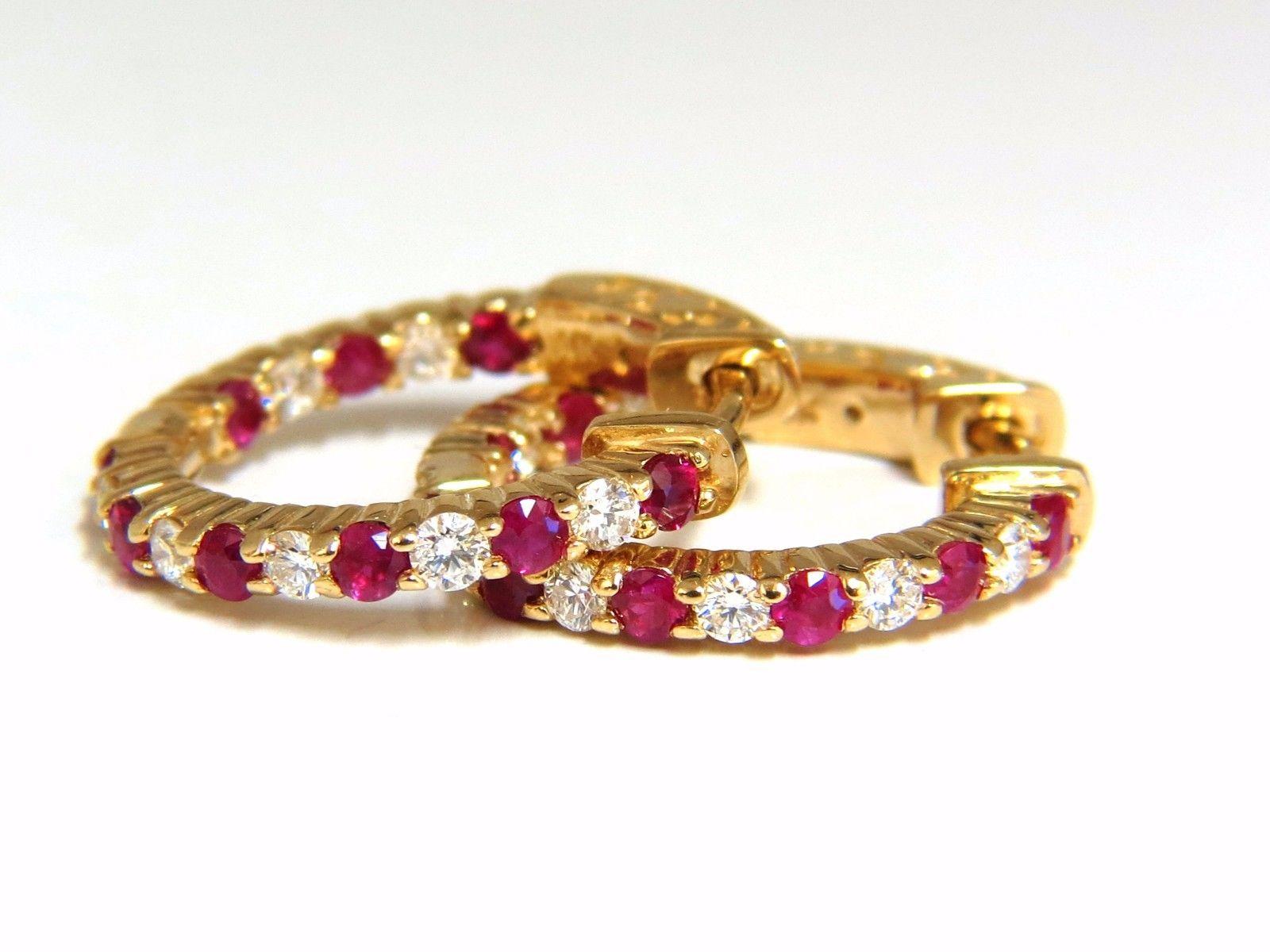 1.33 Carat Natural Ruby Diamonds Alternated Hoop Earrings 14 Karat In New Condition In New York, NY
