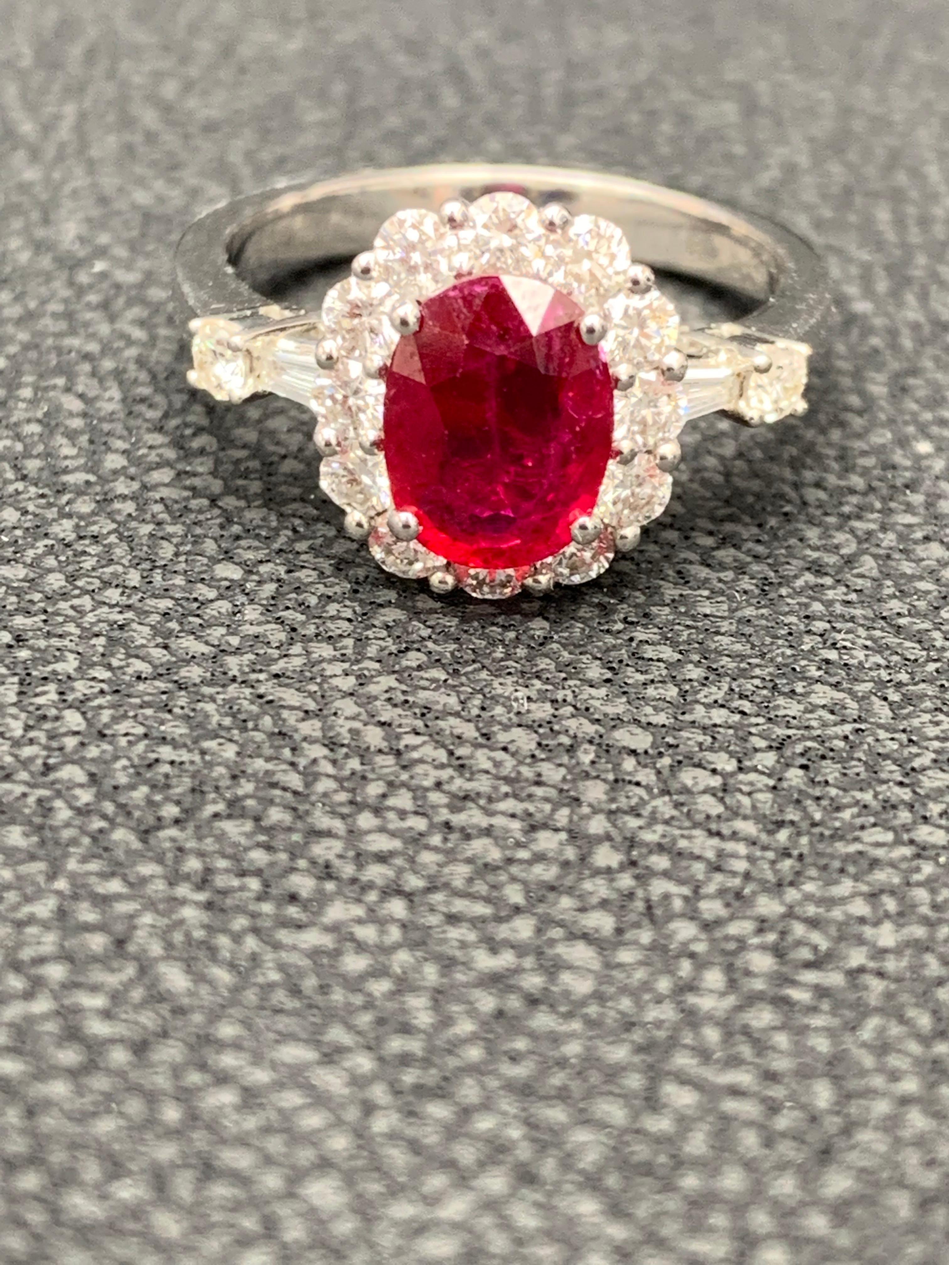 1.33 Carat Oval Cut Ruby and Diamond Engagement Ring in 18K White Gold For Sale 2