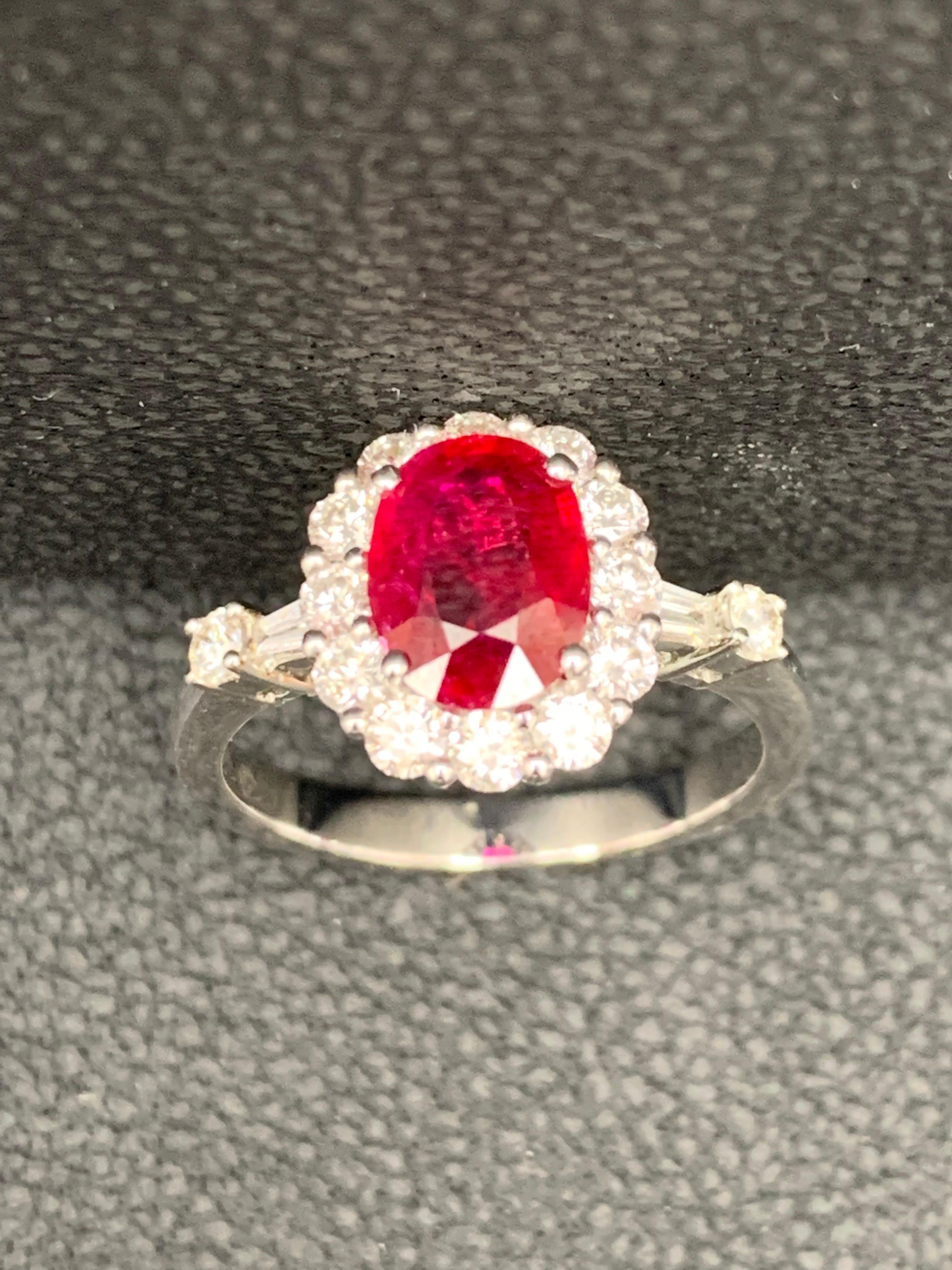 1.33 Carat Oval Cut Ruby and Diamond Engagement Ring in 18K White Gold For Sale 6