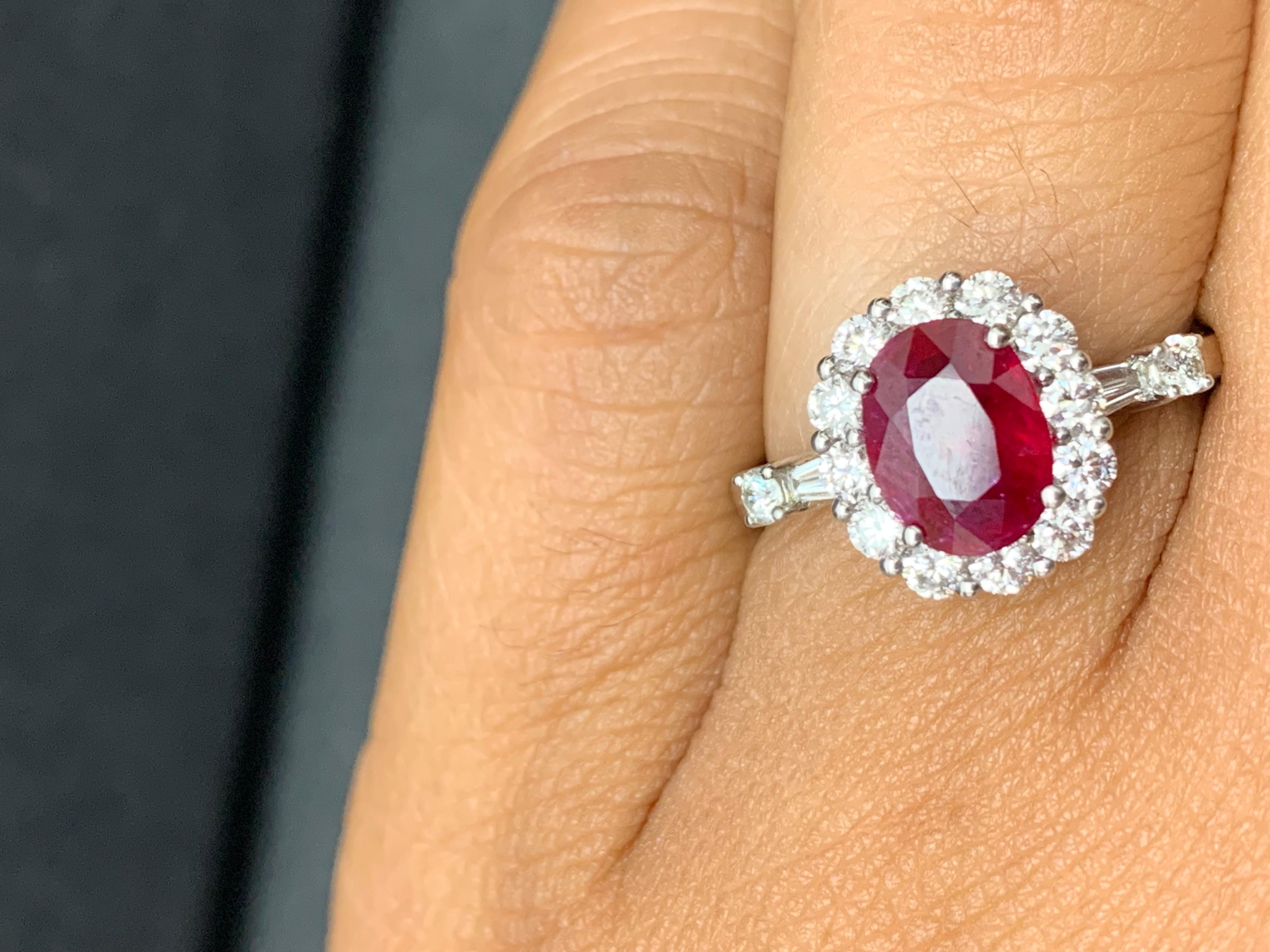 Modern 1.33 Carat Oval Cut Ruby and Diamond Engagement Ring in 18K White Gold For Sale