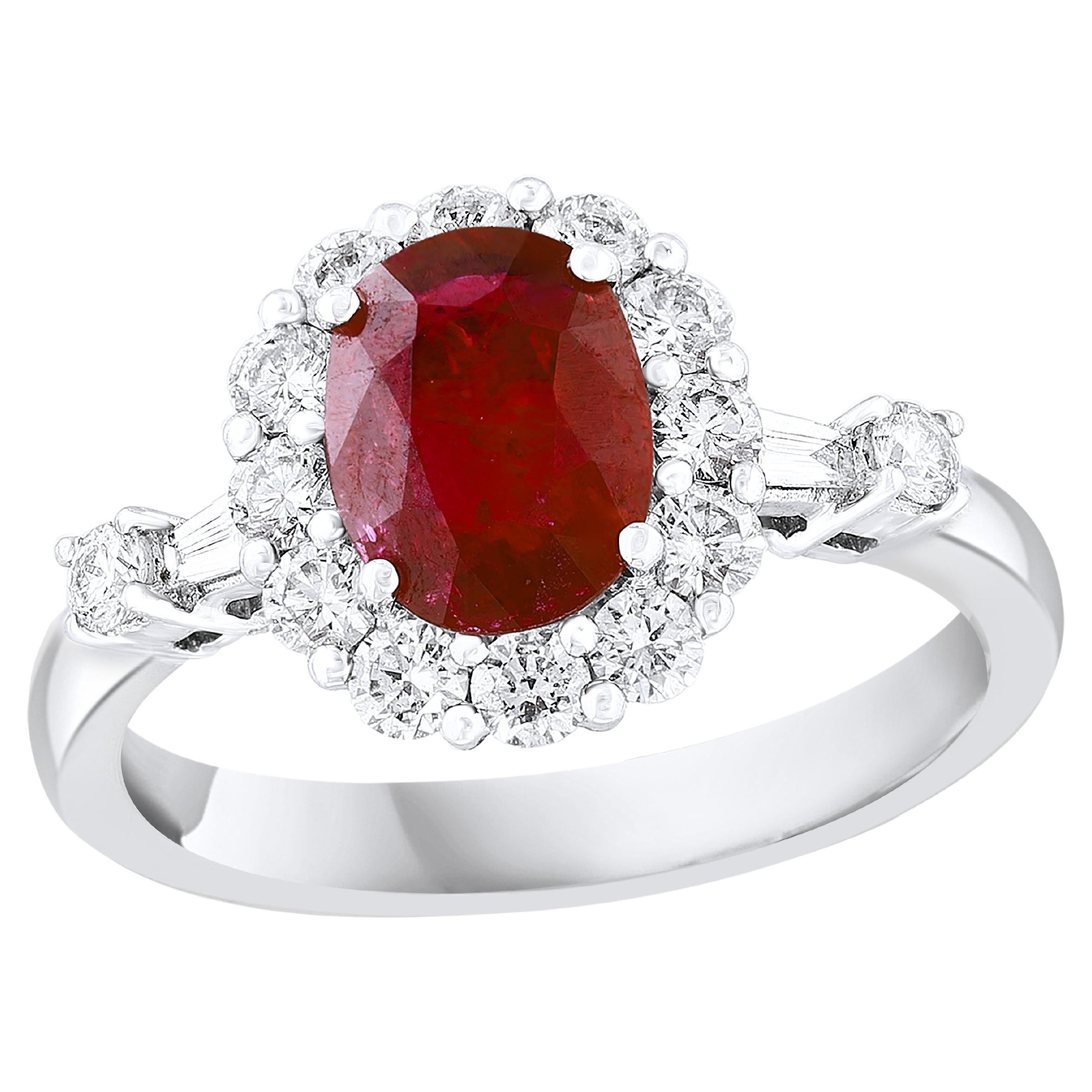 1.33 Carat Oval Cut Ruby and Diamond Engagement Ring in 18K White Gold For Sale