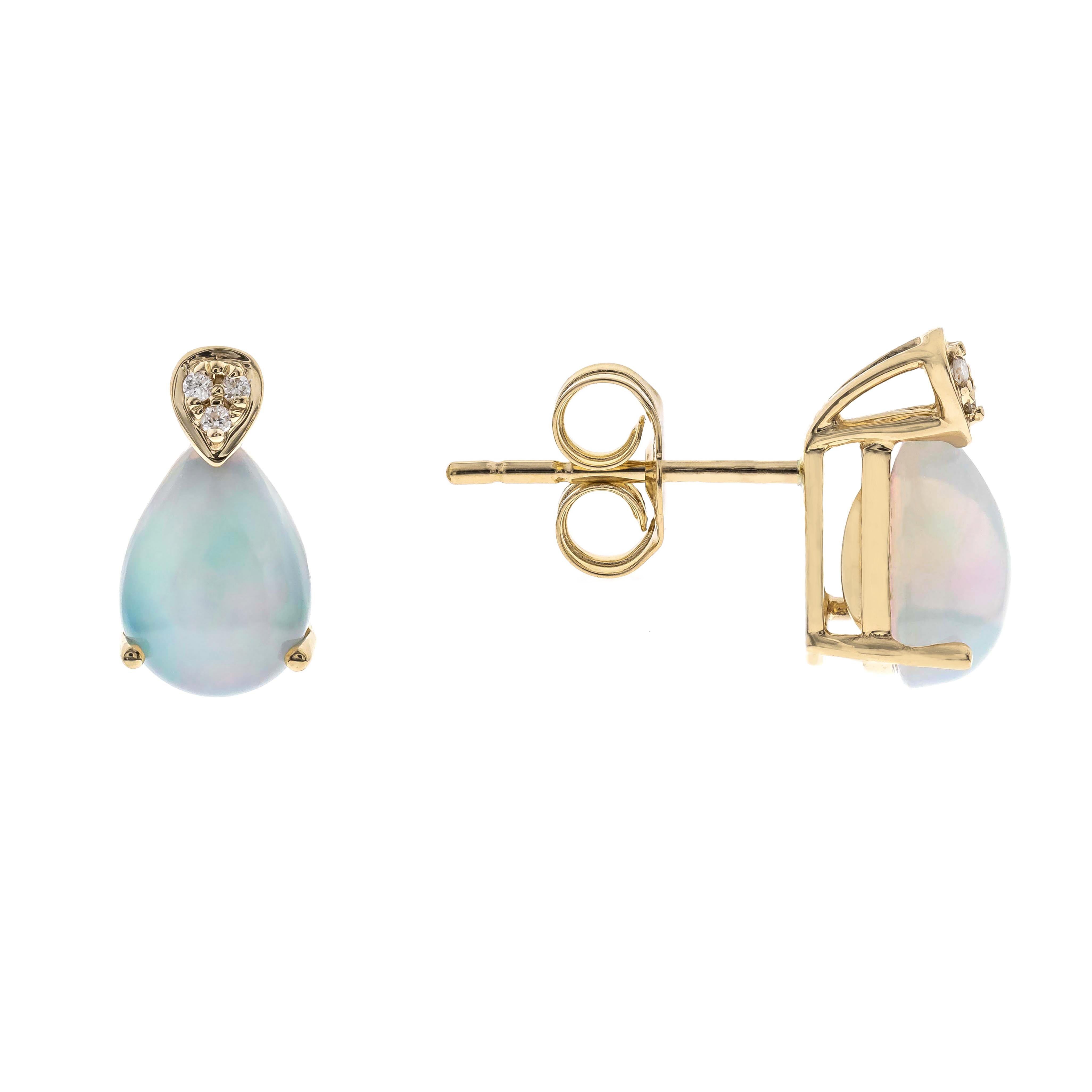 Decorate yourself in elegance with this Earring is crafted from 10-karat Yellow Gold by Gin & Grace Earring. This Earring is made up of 6x8 mm Pear-cab (2 pcs) 1.33 carat Ethiopian Opal and Round-cut White Diamond (6 pcs) 0.02 carat. This Earring is