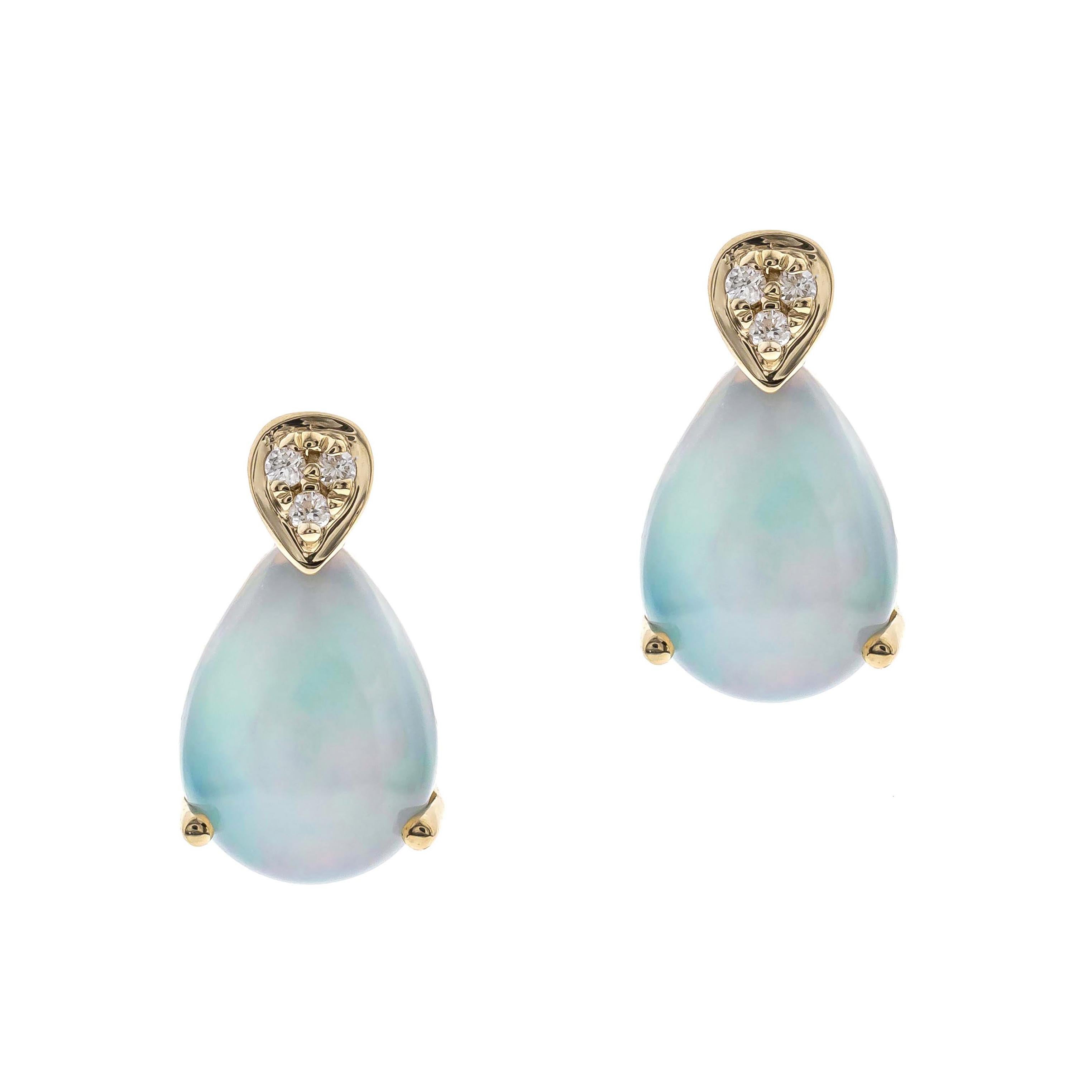 Art Deco 1.33 Carat Pear-Cab Ethiopian Opal Diamond Accents 10k Yellow Gold Studs Earring For Sale