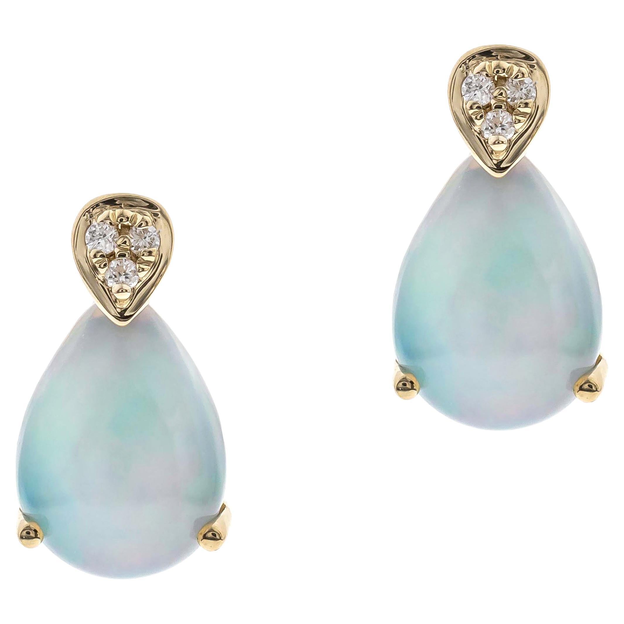1.33 Carat Pear-Cab Ethiopian Opal Diamond Accents 10k Yellow Gold Studs Earring For Sale