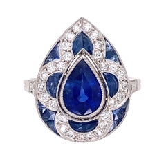 1.33 Carat Pear Sapphire and Diamond Platinum Cocktail Ring Estate Fine Jewelry