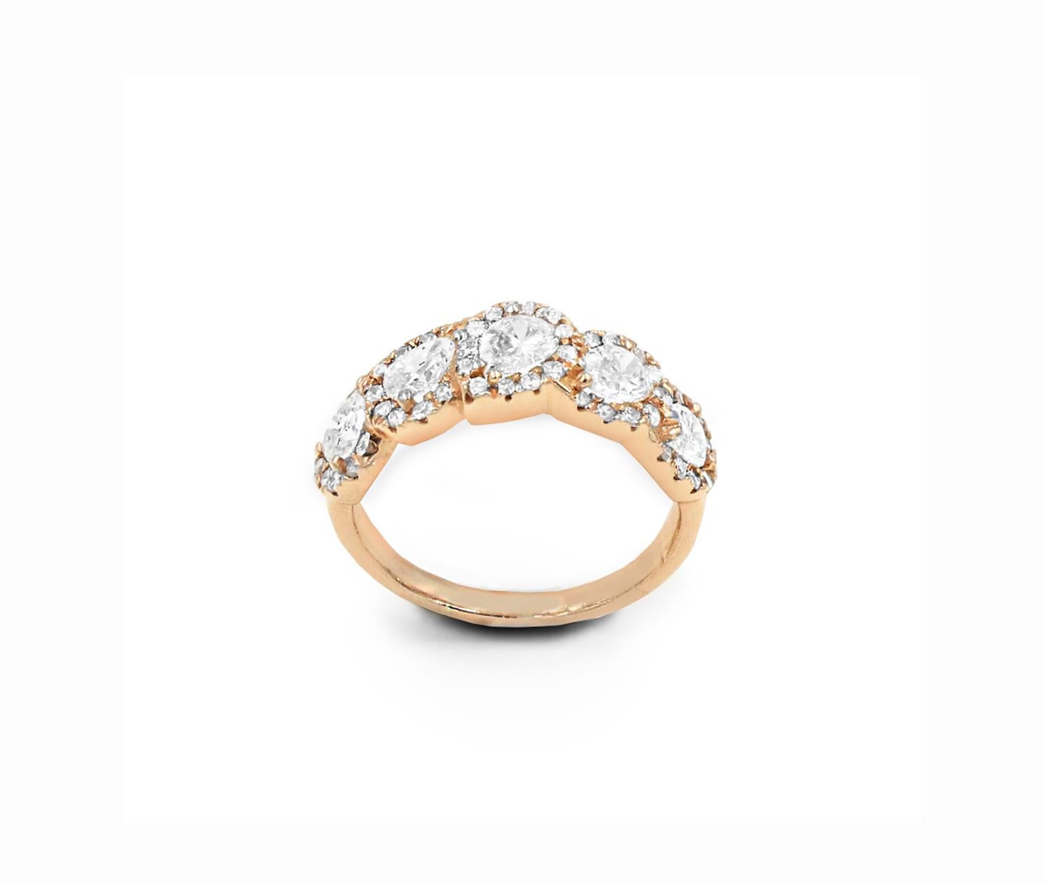 Ladies gorgeous 5 stone diamond band .
5 Pear shaped diamonds 1.33 carat total weight, VS2 SI1 G-H color.
Surrounded halo .60 carat round brilliant cut diamonds.
This unique ring is handcrafted in 14k light rose gold.
The Dazzling diamonds are
