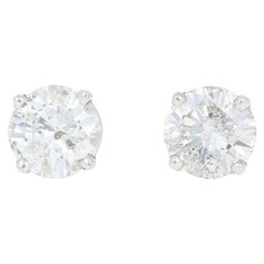1.33 Carat Round Brilliant Diamond Earrings, 14 Karat White Gold Pierced Studs