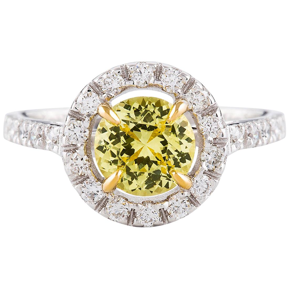 1.33 Carat Round Yellow Sapphire and Diamond Cluster Ring in 18 Carat Gold
