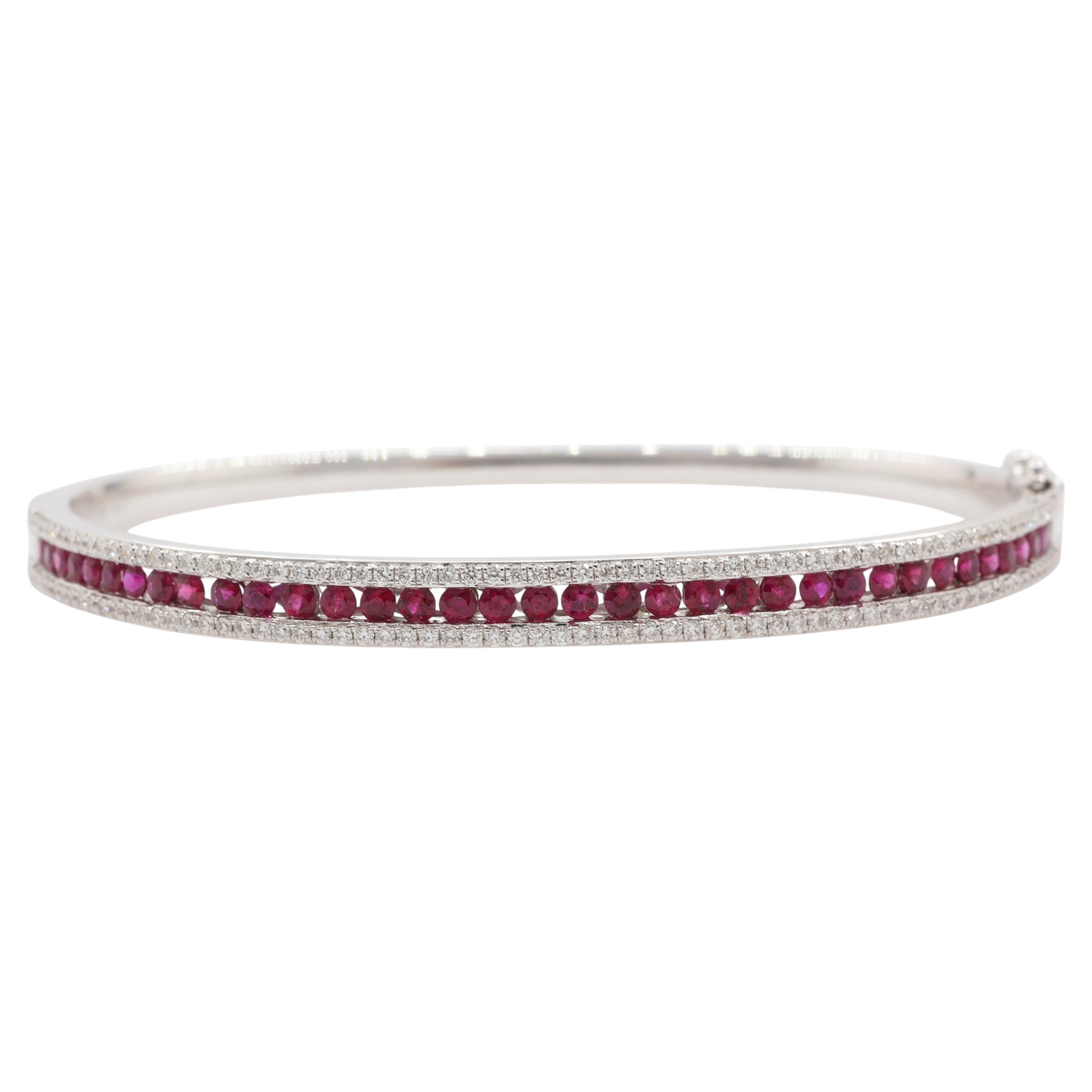 1.33 Carat Ruby Diamond Tennis Bangle Bracelet in 18K White Gold Classic Design