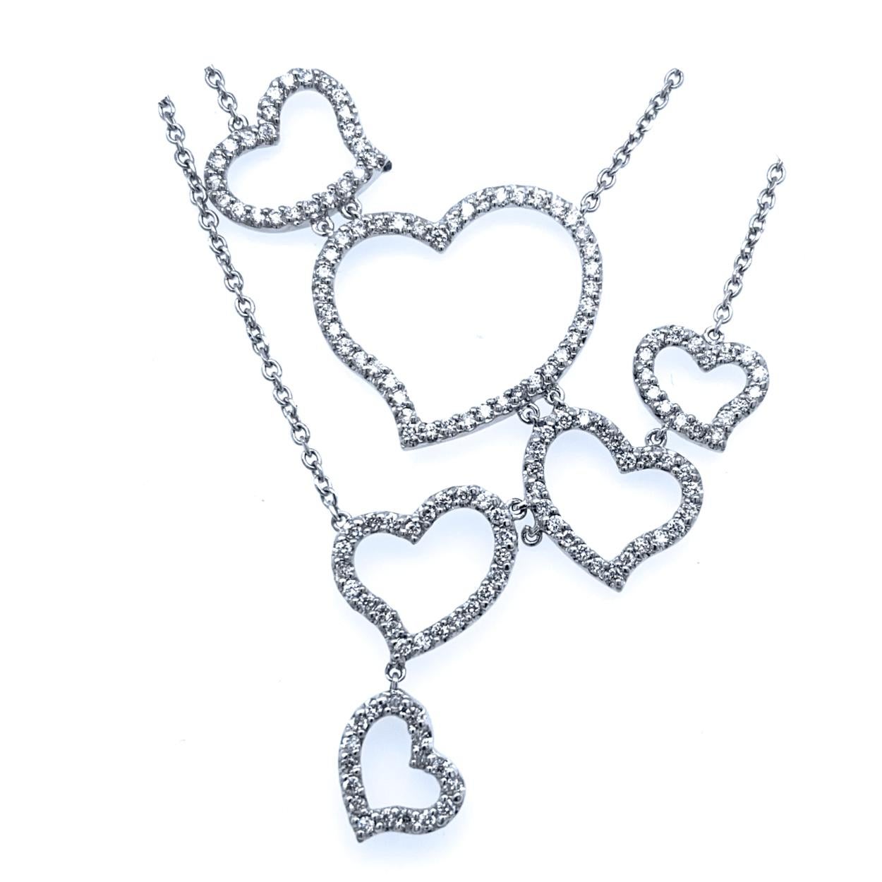 or 14K Magnifique Multi Coeur (6 coeurs) P avec  poids total de 1,33 Ct de diamants sertis en pavé, collier avec chaîne double de 16