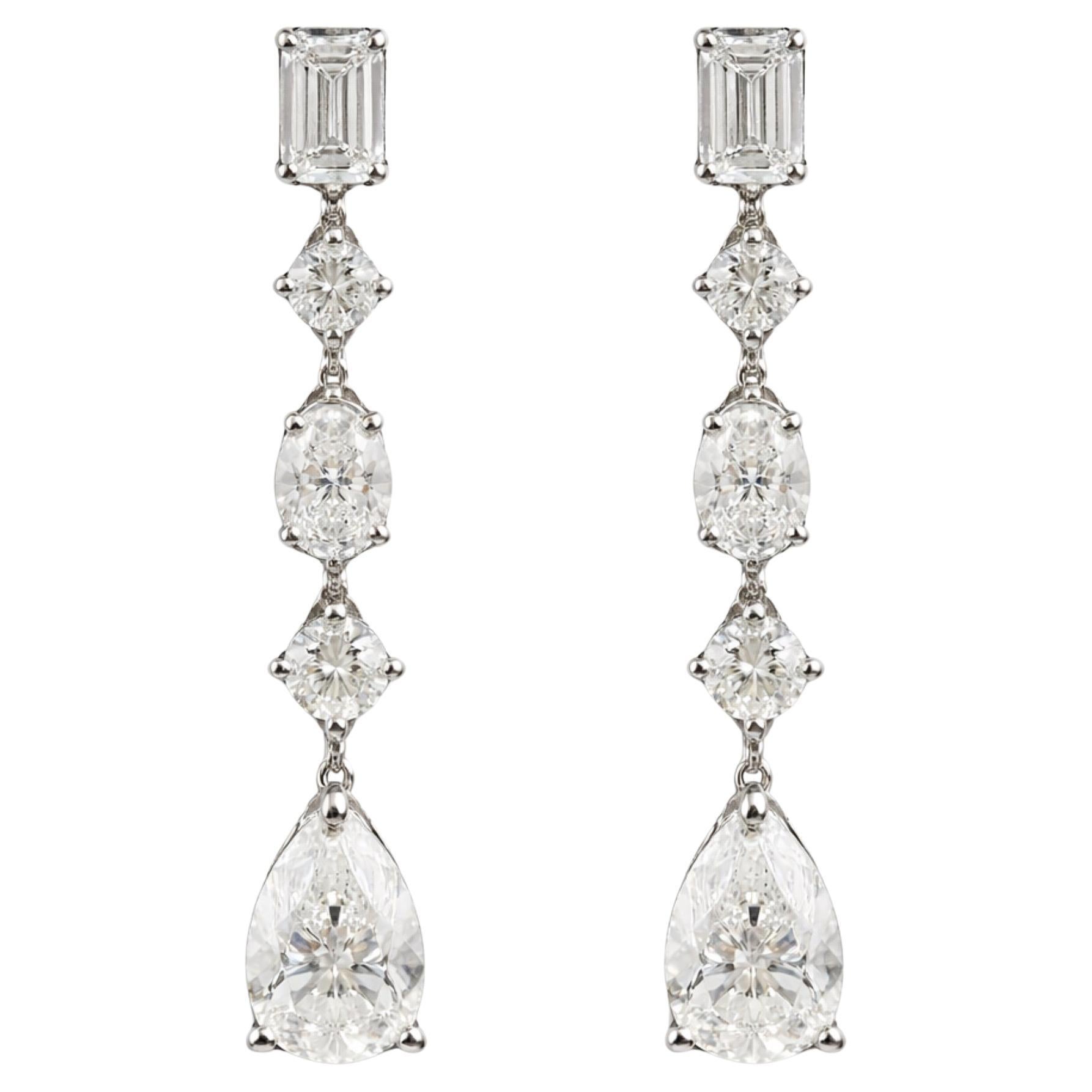 Graduated Diamond Drop Earrings with Pear and Emerald Cuts in 18K White Gold