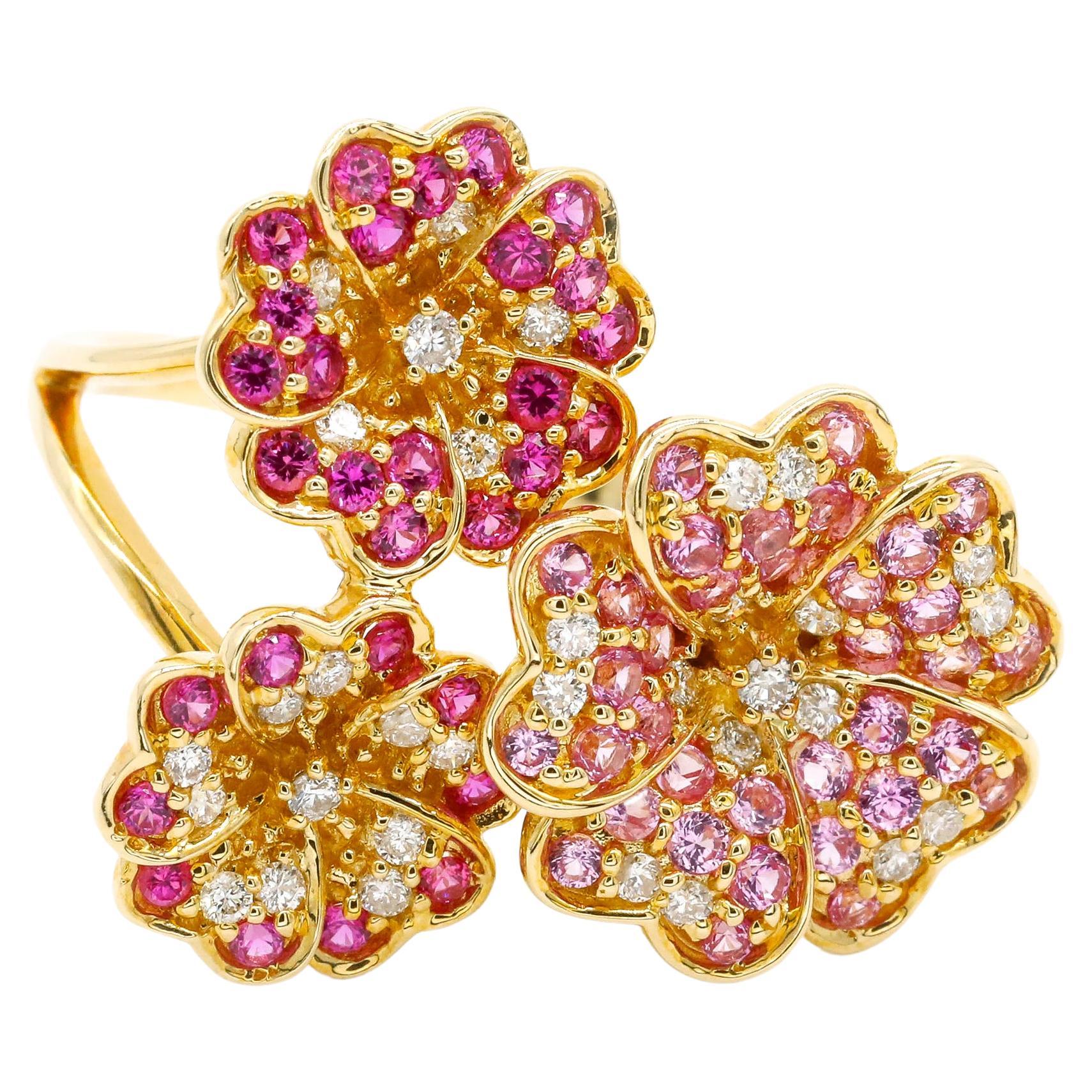 1.33 Ct Diamond Ruby Pink Sapphire Pave Daisy Flower 14K Yellow Gold ...