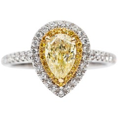 1.33 CT GIA Certified Yellow Pear Shape Cut Diamond Double Halo Engagement Ring
