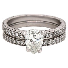 1.33 CTW Pear Etched Diamond Bridal Ring Set in 18K White Gold