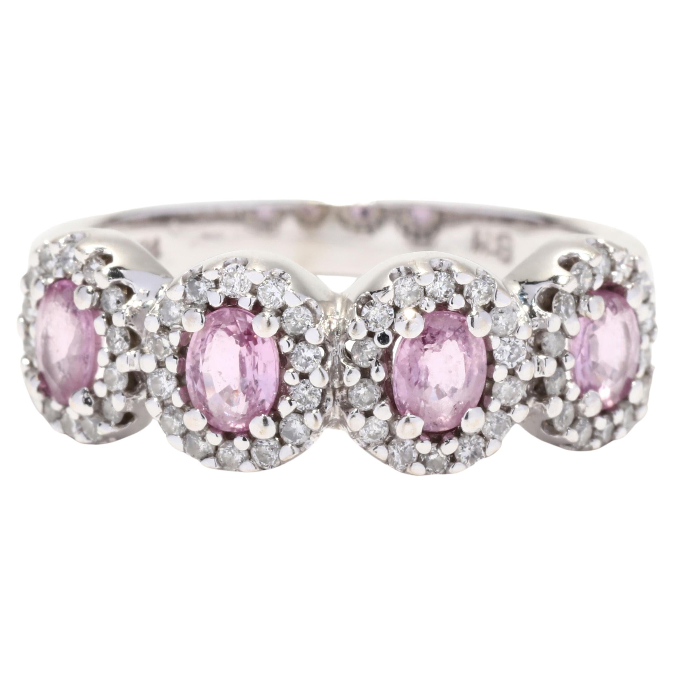 1.33 Ctw Pink Sapphire Diamond 4 Stone Band, 14K White Gold, Ring For Sale