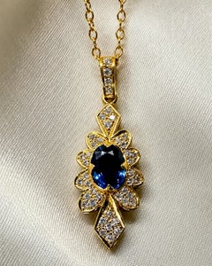 1.33 Deep Blue Sapphire, 0.26 cts diamond 18k Gold Art Deco Inspired Pendant
