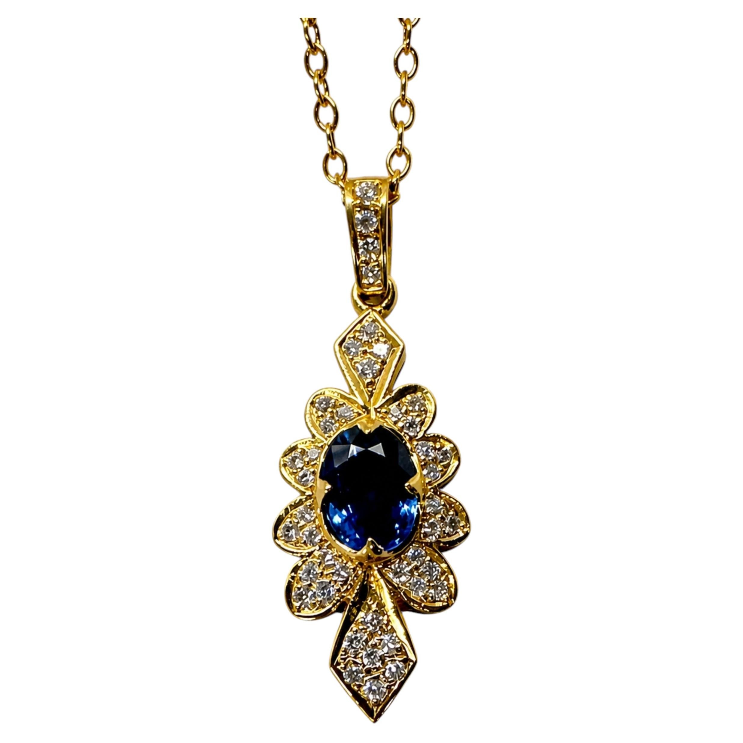 1.33 Deep Blue Sapphire, 0.26 cts diamond 18k Gold Art Deco Inspired Pendant