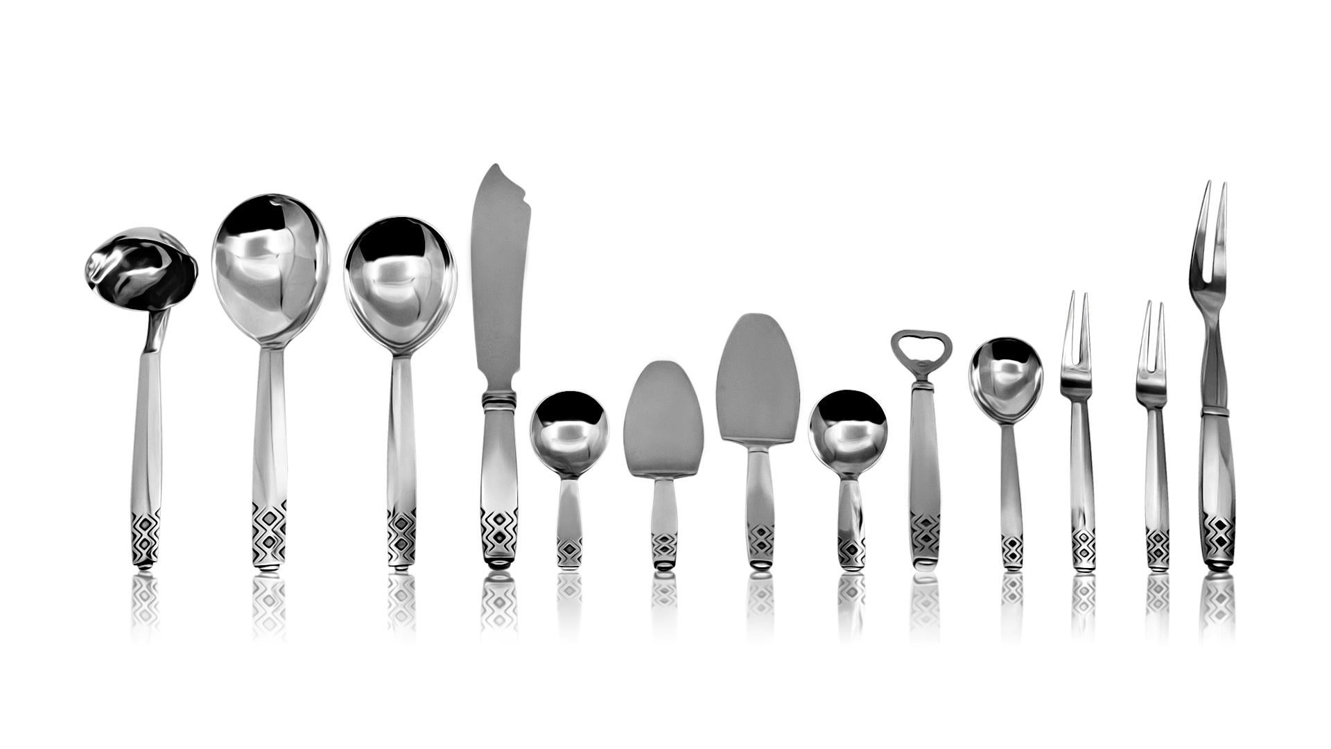 The Georg Jensen Mayan Sterling Silverware, designed by Johan Rohde circa 1930, is a remarkable collection that seamlessly blends the timeless elegance of Art Deco design with a touch of modernity. Crafted with exceptional artistry and meticulous
