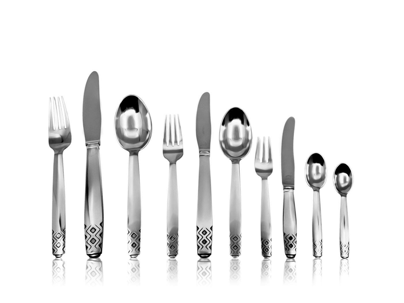 Unknown 133 Pieces Set of Georg Jensen Mayan Sterling Silverware Service  For Sale