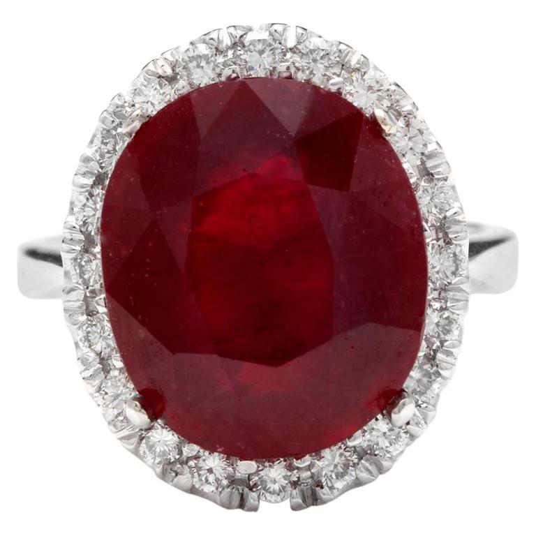 13.30 Carat Impressive Natural Red Ruby and Diamond 14 Karat White Gold Ring For Sale