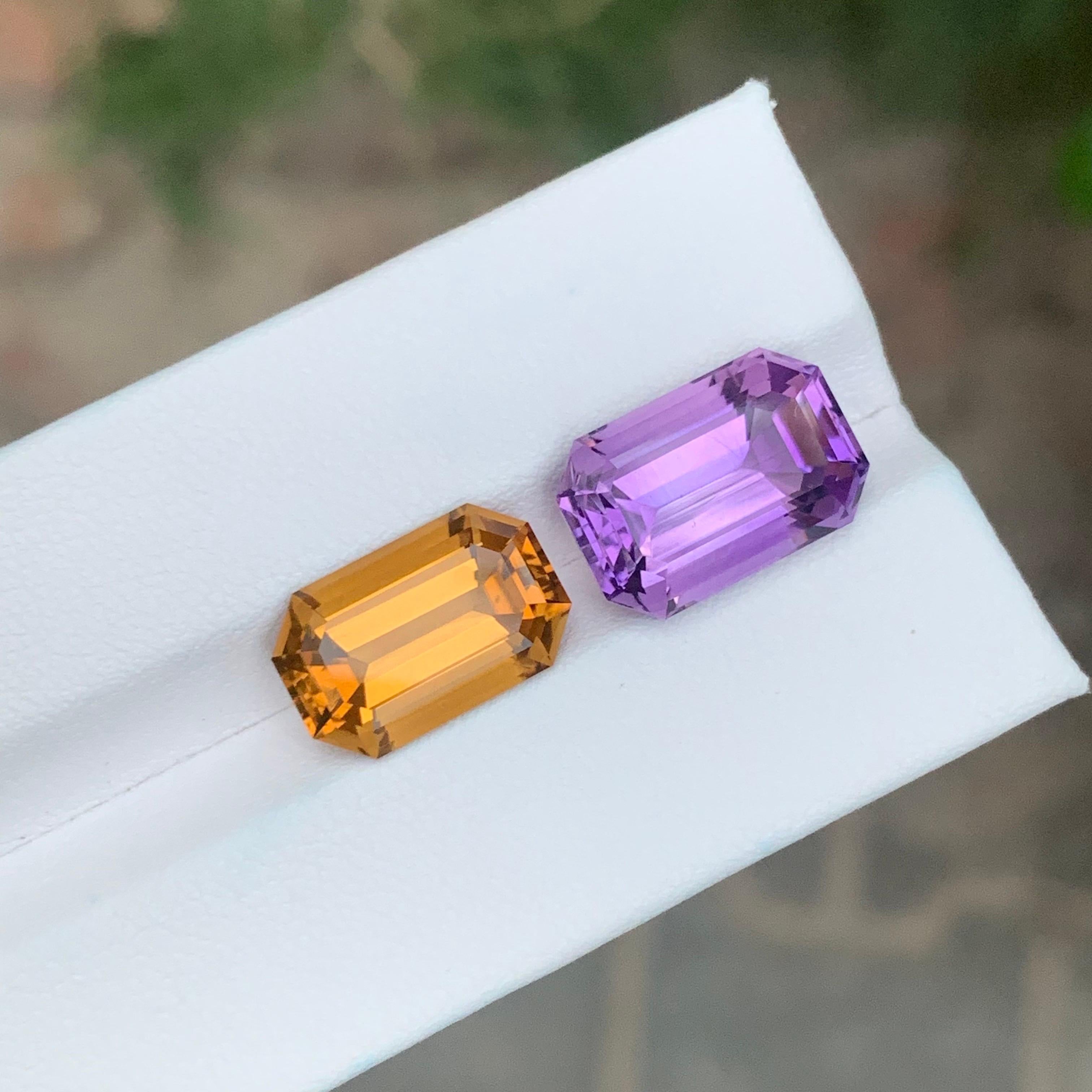 Amethyst And Citrine

Stone: Amethyst & Citrine
Weight: 13.30 Carats
Citrine Size: 5.60 Carat 
Amethyst Size: 7.75 Carat 
Origin: Brazil
Shape: Emerald 
Color: Yellow & Purple
Treatment: Non

Both amethyst and citrine heal the body, mind, and