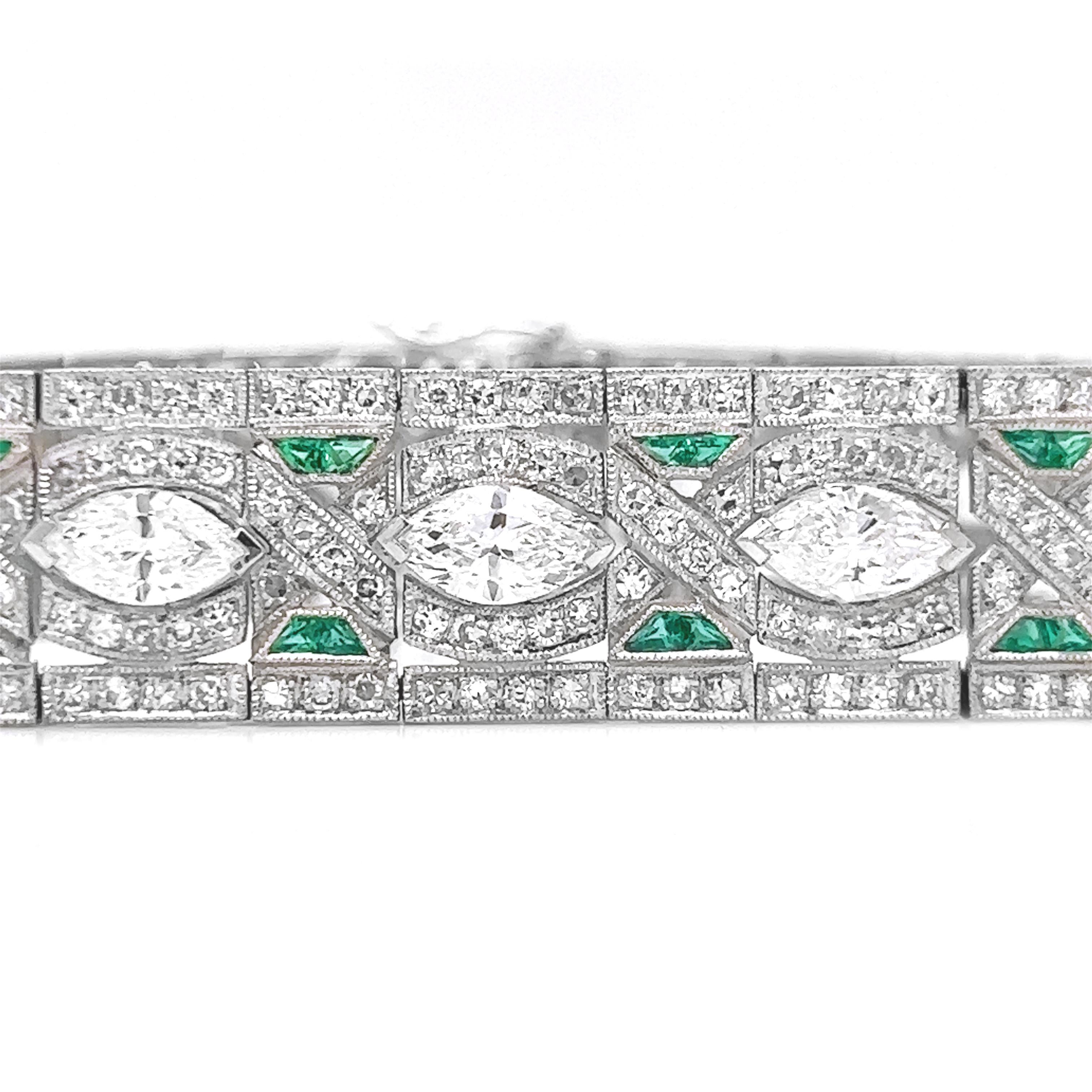 Women's or Men's 13.30 Carat Natural Mined Round Marquise Diamond/ Emerald Art Deco Platinum For Sale