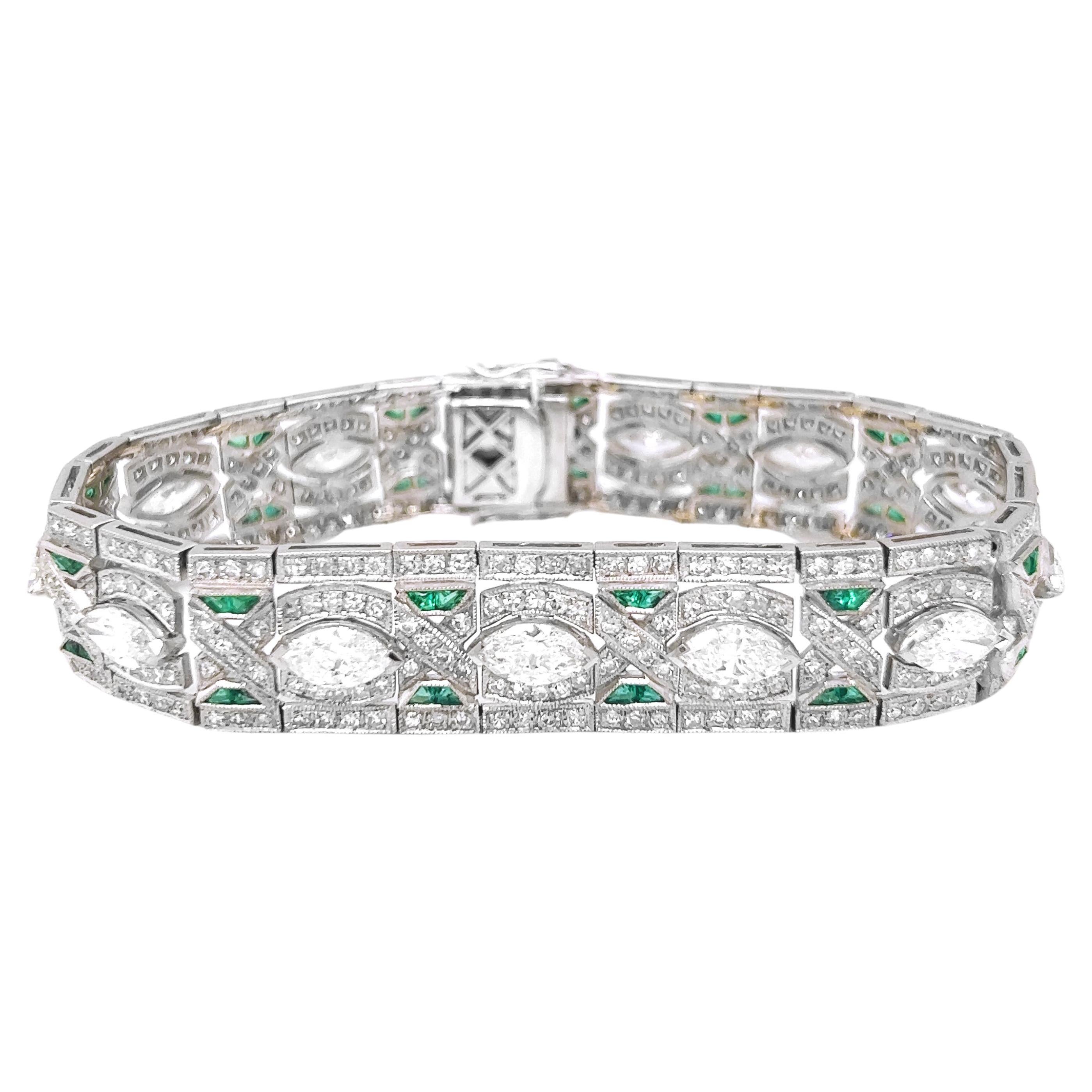 13.30 Carat Natural Mined Round Marquise Diamond/ Emerald Art Deco Platinum For Sale