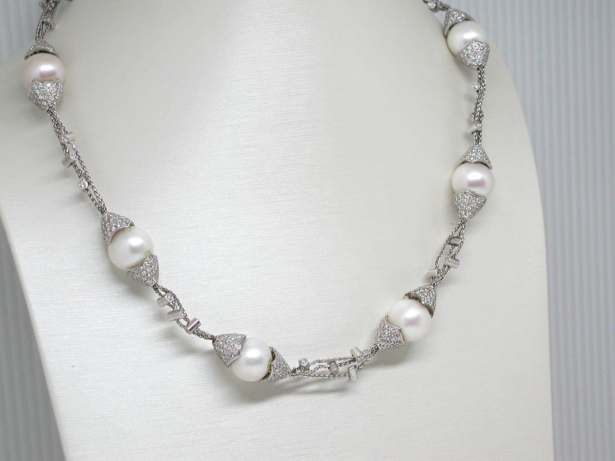 Round Cut 13.30 Carat White Gold Diamond Pearl Necklace For Sale