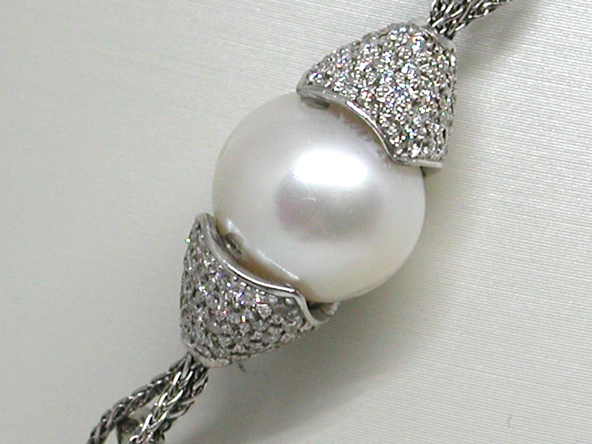 Women's 13.30 Carat White Gold Diamond Pearl Necklace For Sale