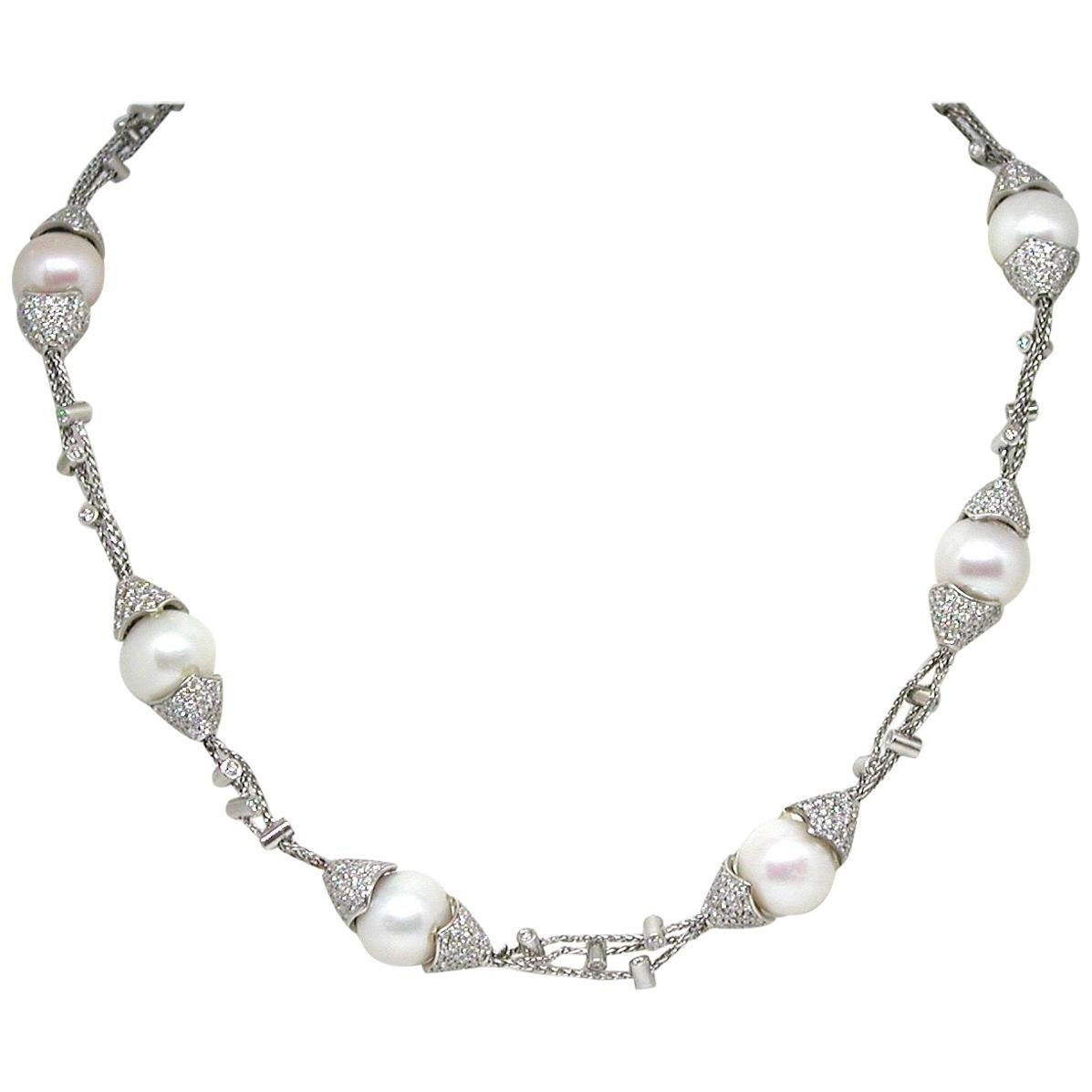 13.30 Carat White Gold Diamond Pearl Necklace For Sale