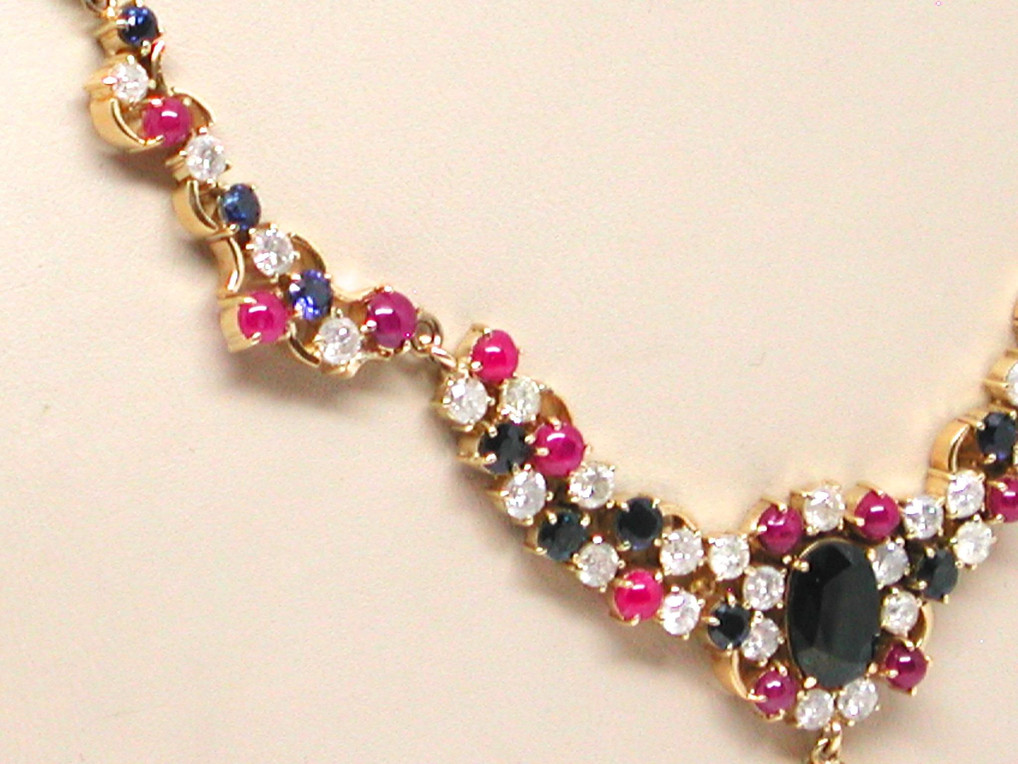 Round Cut 13.30 Carat Yellow Gold Diamond Ruby Sapphire Necklace For Sale