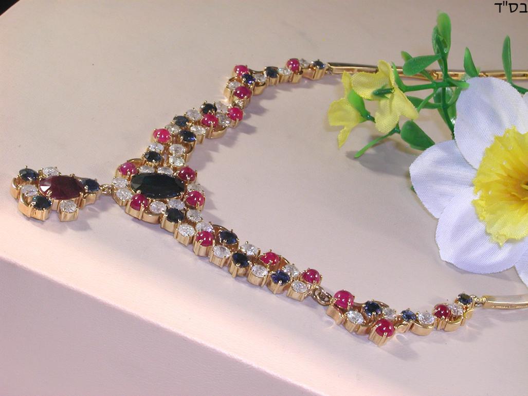 Women's 13.30 Carat Yellow Gold Diamond Ruby Sapphire Necklace For Sale