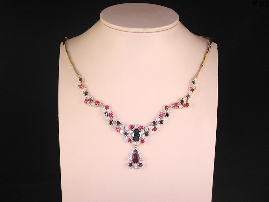 13.30 Carat Yellow Gold Diamond Ruby Sapphire Necklace For Sale 1