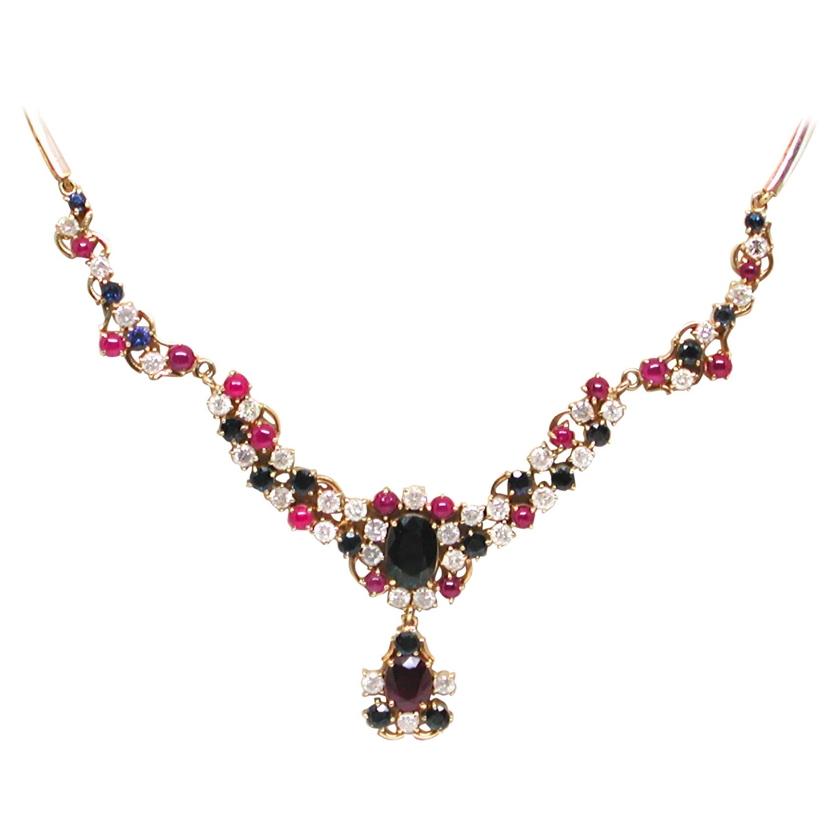 13.30 Carat Yellow Gold Diamond Ruby Sapphire Necklace For Sale