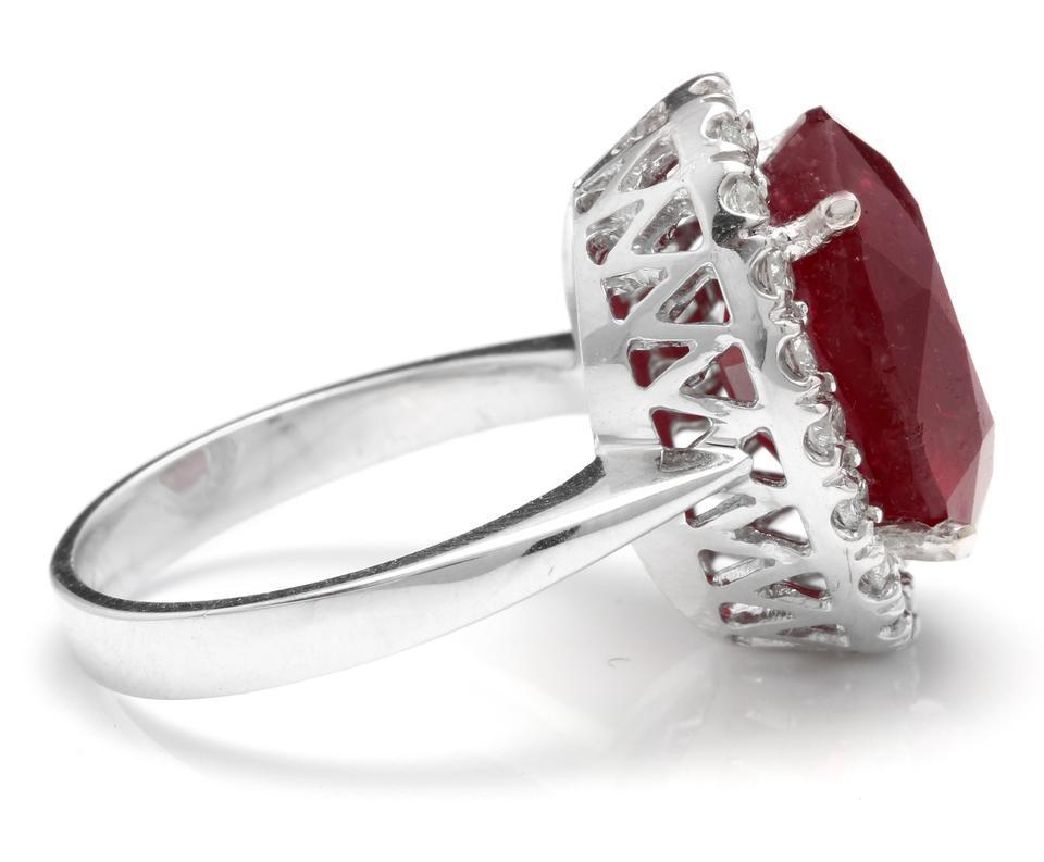 Mixed Cut 13.30 Carat Impressive Natural Red Ruby and Diamond 14 Karat White Gold Ring For Sale