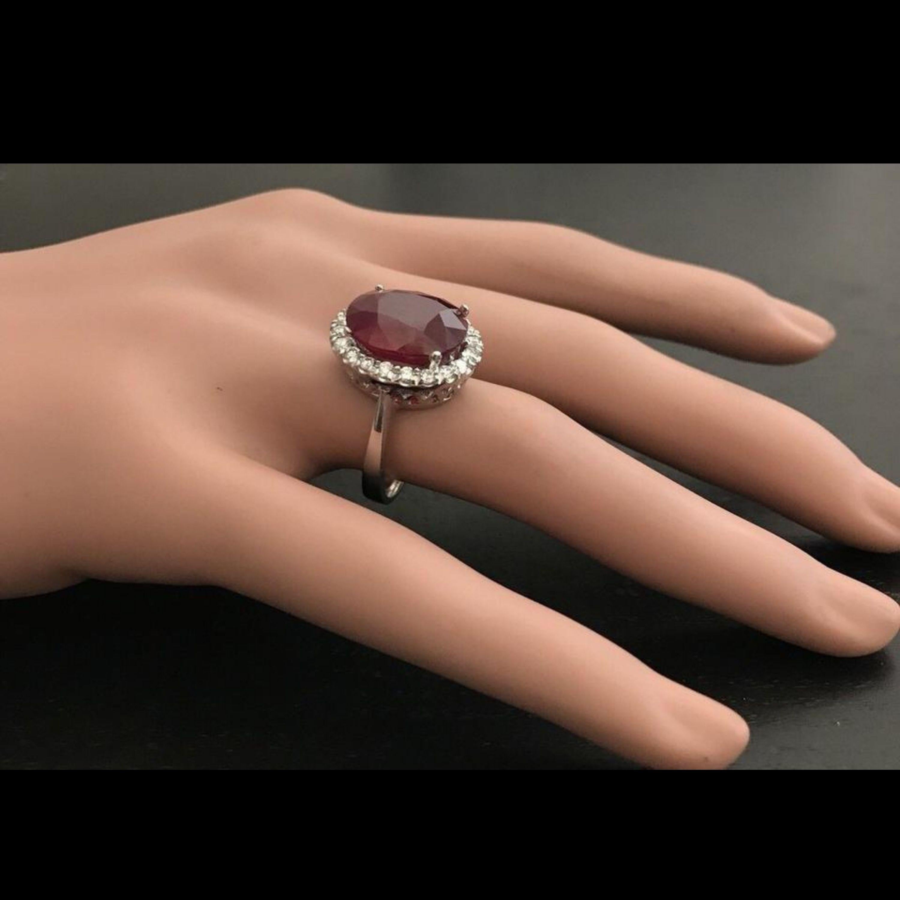 Women's 13.30 Carat Impressive Natural Red Ruby and Diamond 14 Karat White Gold Ring For Sale