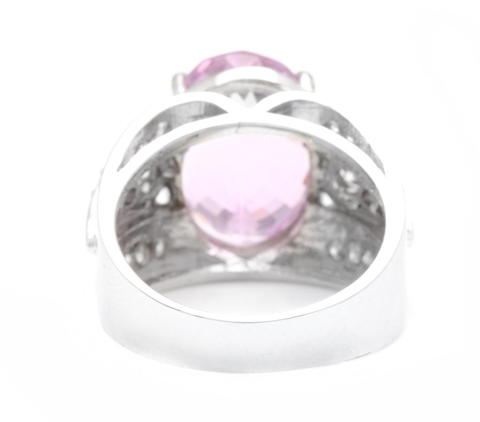 Mixed Cut 13.30 Carats Natural Kunzite and Diamond 14K Solid White Gold Ring For Sale