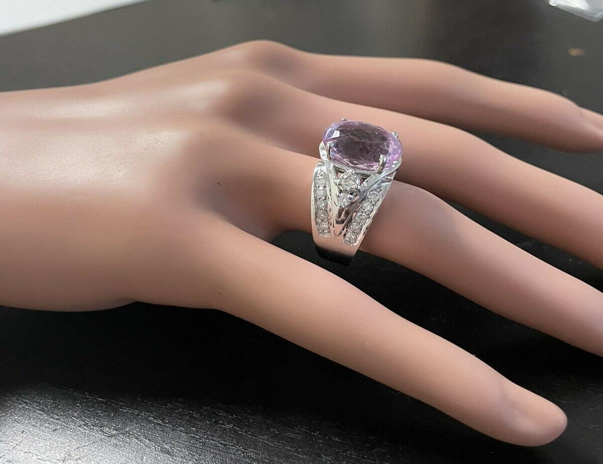 Women's 13.30 Carats Natural Kunzite and Diamond 14K Solid White Gold Ring For Sale