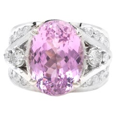 Anillo de oro blanco macizo de 14 quilates con kunzita natural y diamantes de 13,30 quilates