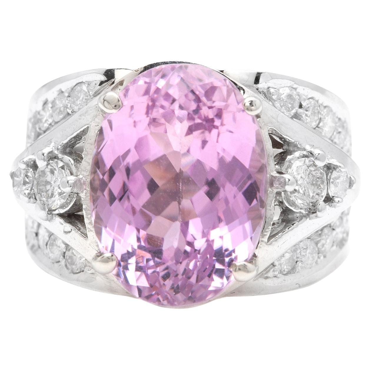 13.30 Carats Natural Kunzite and Diamond 14K Solid White Gold Ring