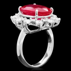 13.30 Carats Natural Red Ruby and Diamond 14K Solid White Gold Ring