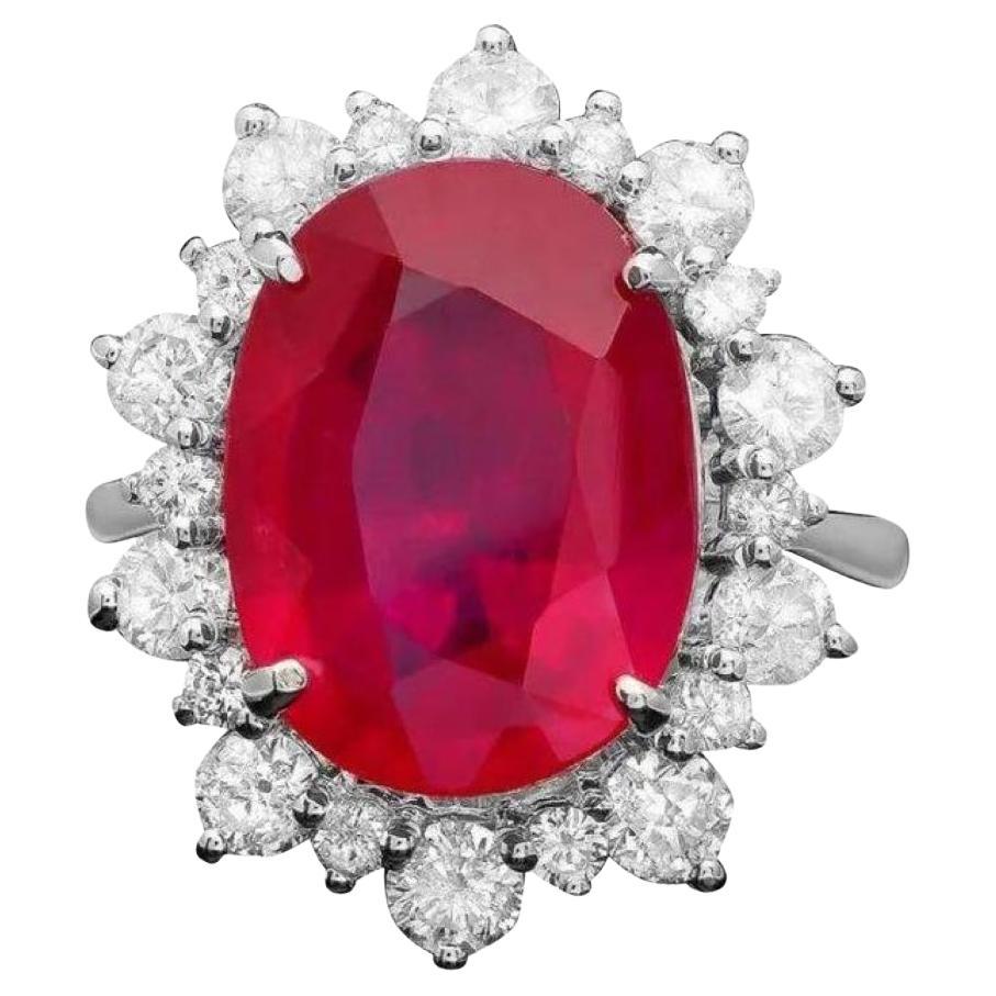 13.30 Carats Natural Red Ruby and Diamond 14K Solid White Gold Ring