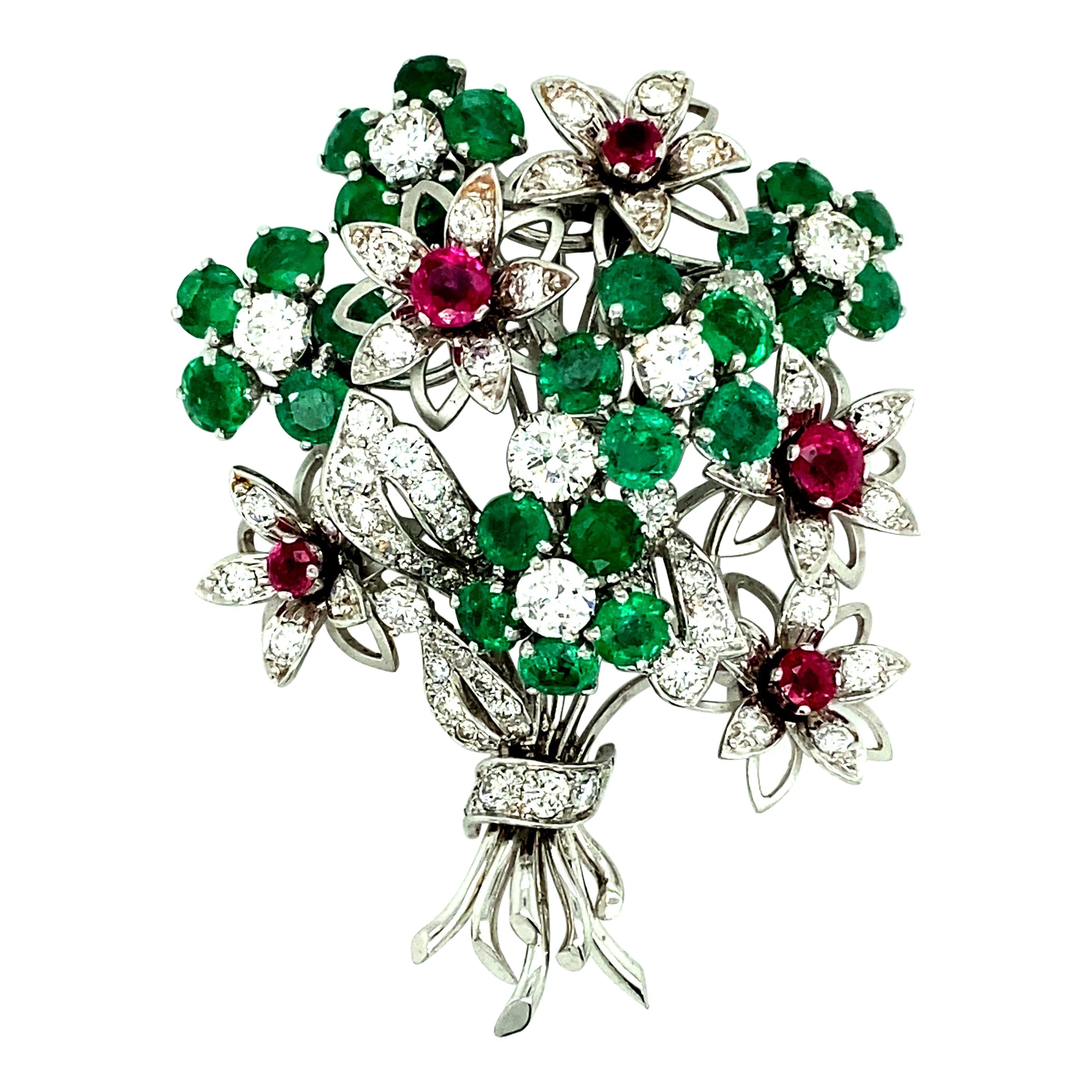 13.30 Ct Ruby & Emerald Platinum Flower Brooch