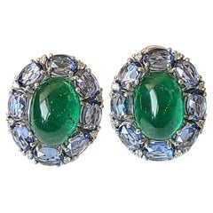 13.32 Carats, Natural Zambian Emerald Cabochon 
Blue Sapphires Stud Earrings