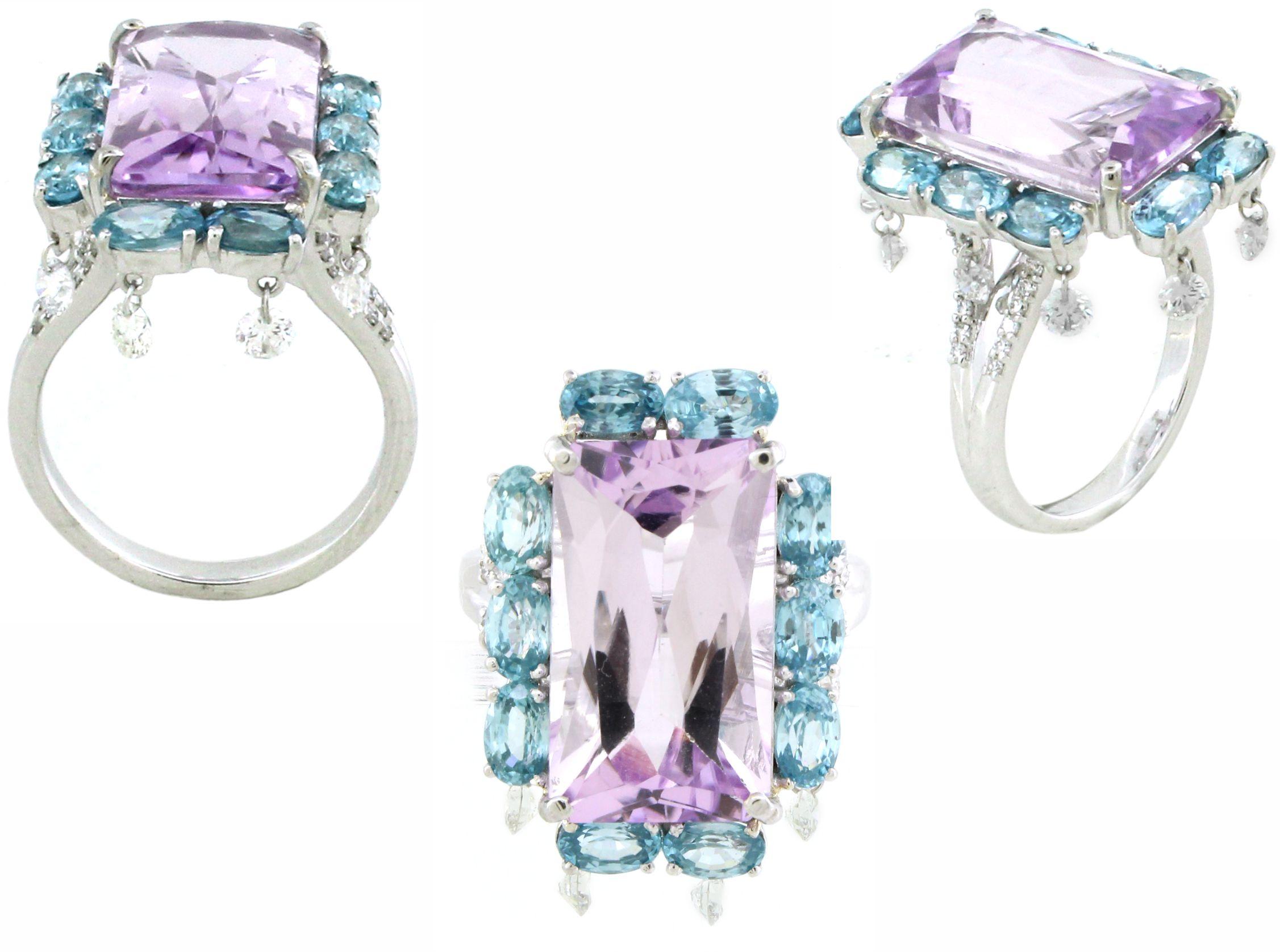 Ring mit 13,32 Karat Aqua und Kunzit und 0,71 Karat geriffelten Diamanten (Radiantschliff) im Angebot