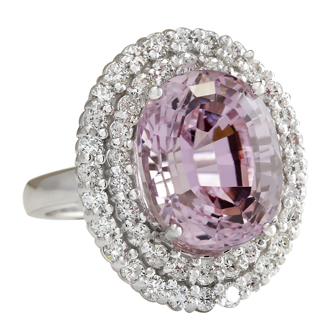 Stamped: 14K White Gold
Total Ring Weight: 11.1 Grams
Total Natural Kunzite Weight is 11.68 Carat (Measures: 14.00x10.00 mm)
Color: Pink
Total Natural Diamond Weight is 1.65 Carat
Color: F-G, Clarity: VS2-SI1
Face Measures: 23.15x19.45 mm
Sku: