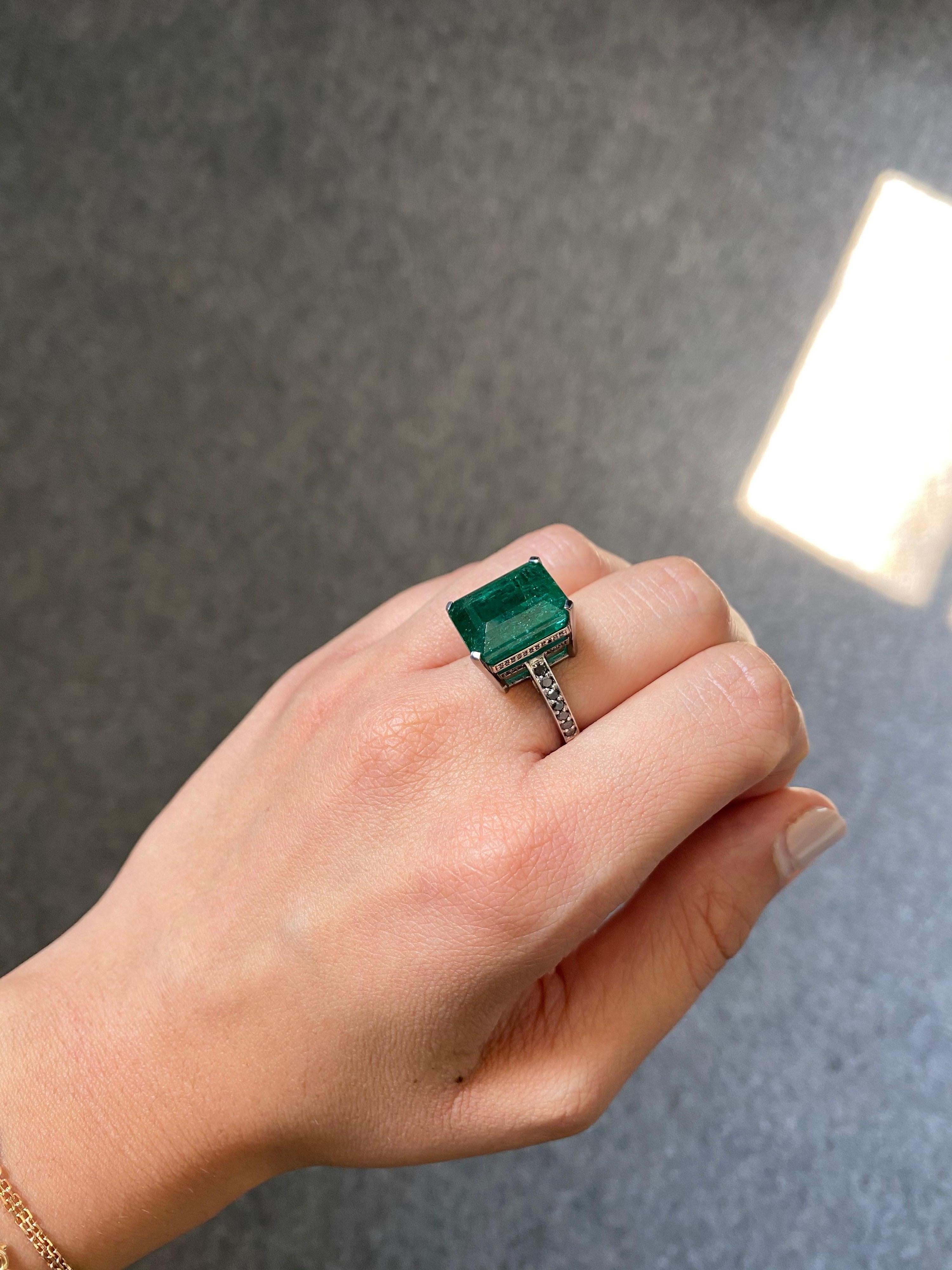 Art Deco 13.34 Carat Emerald and Black Diamond Cocktail Ring