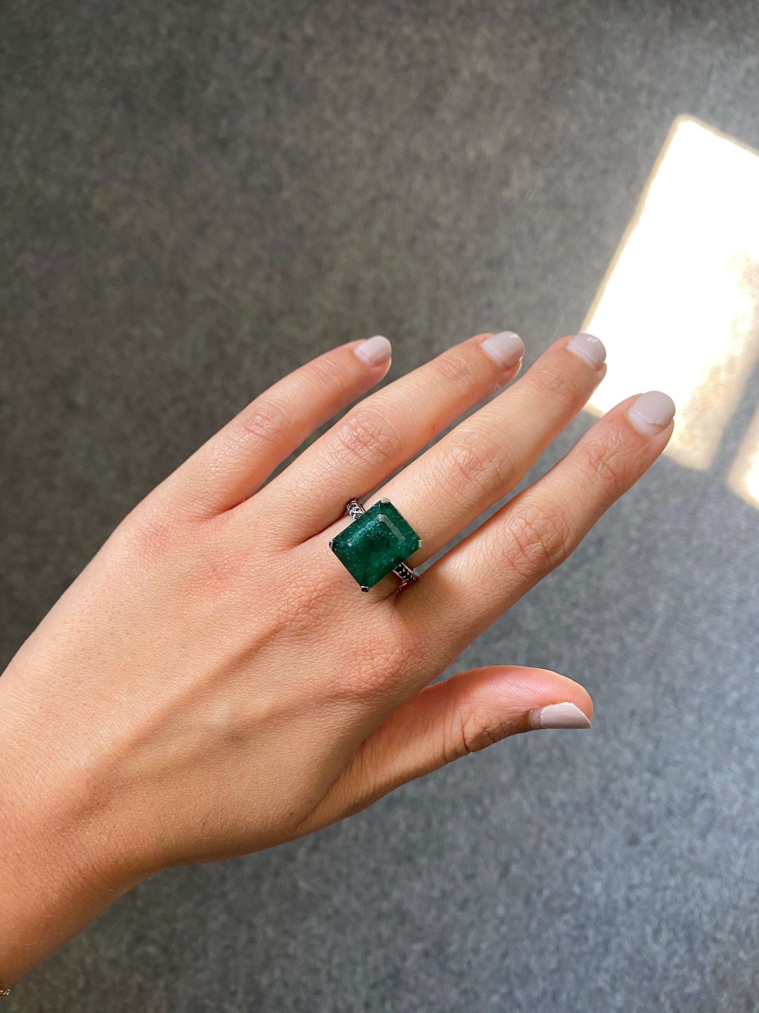 Emerald Cut 13.34 Carat Emerald and Black Diamond Cocktail Ring