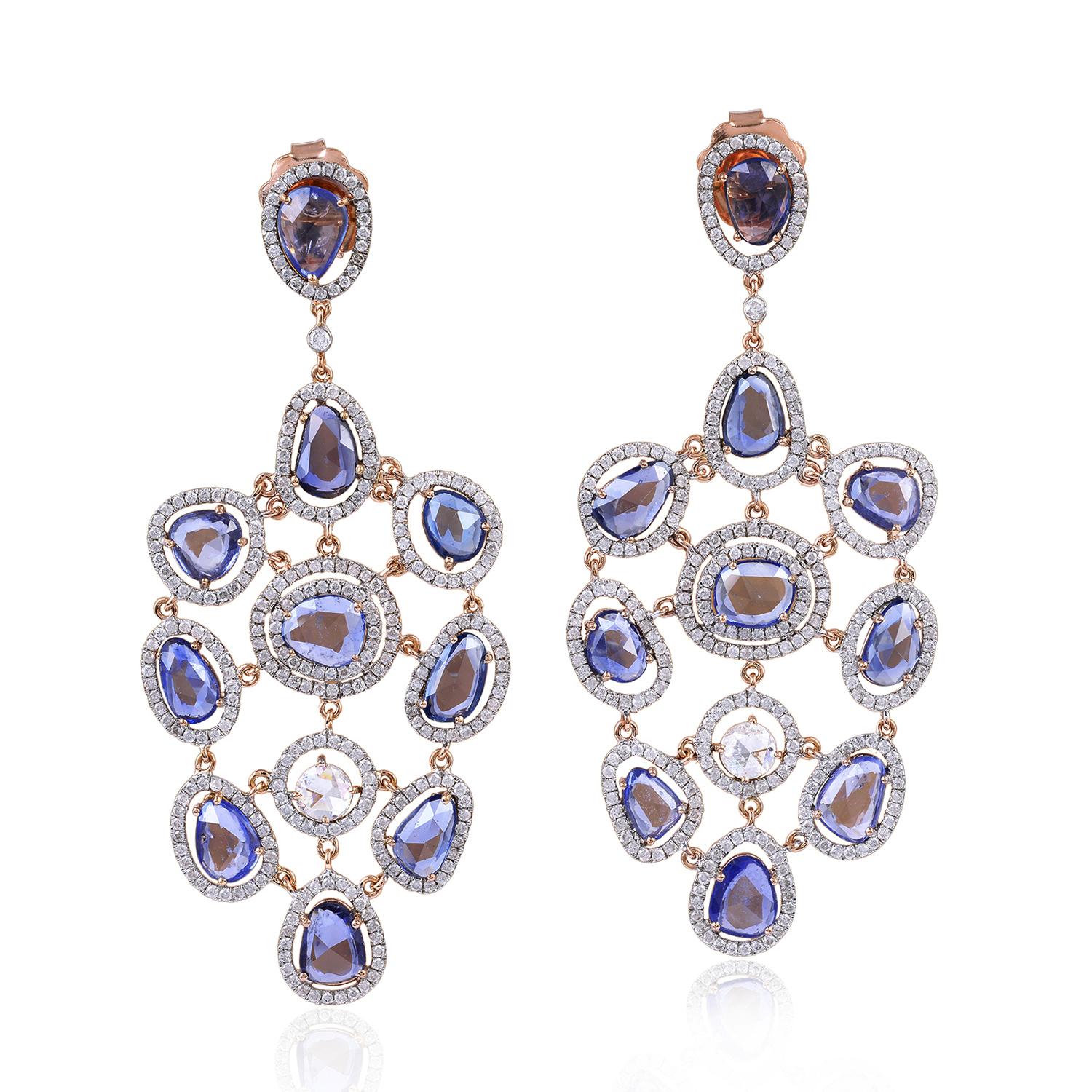 Rose Cut 13.34 Carat Sapphire Diamond 18 Karat Gold Web Earrings For Sale