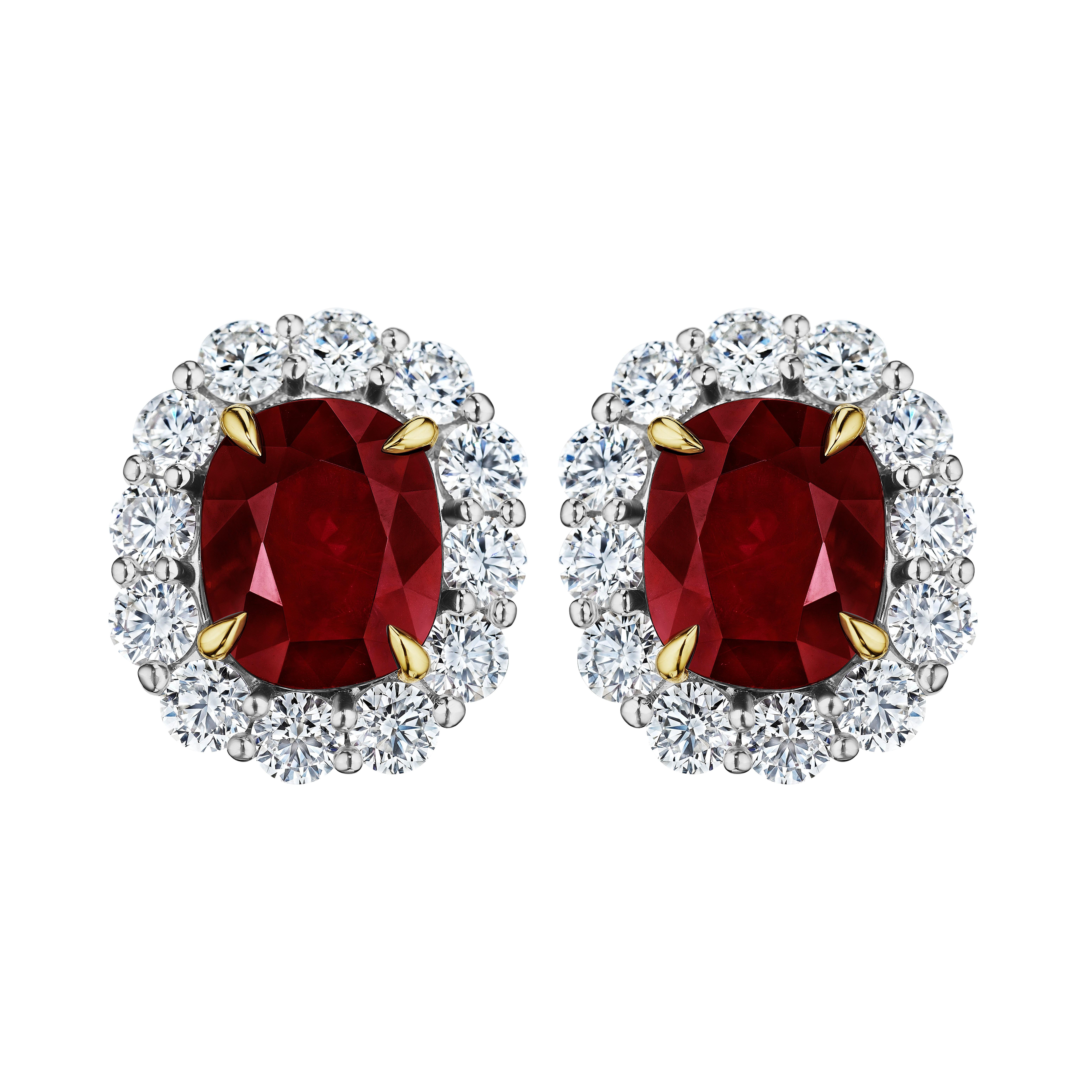 •	13.34 Carats
•	Platinum & 18KT Two Tone

•	Number of Cushion Rubies: 2
•	Carat Weight: 9.81ctw
•	Color: Vivid- Deep Red / Pigeon’s Blood
•	Origin: Burma
•	Stone Measurements: 10.70 x 8.71mm & 10.83 x 8.63mm
•	Certificate: GRS2022-090054

•	Number